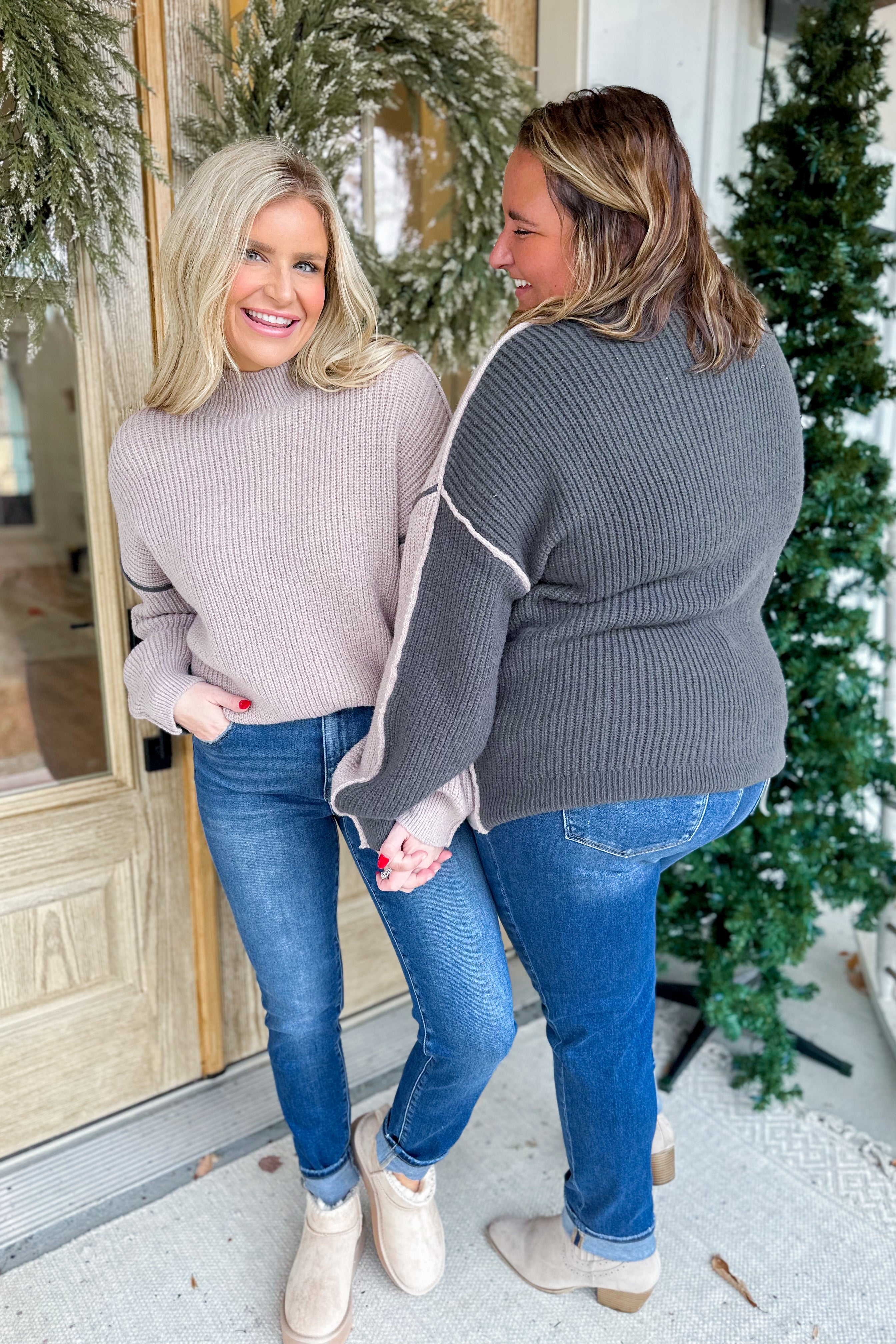 Molly Exposed Seam Colorblock Mock Neck Pullover Sweater [S-3X] - Be You Boutique