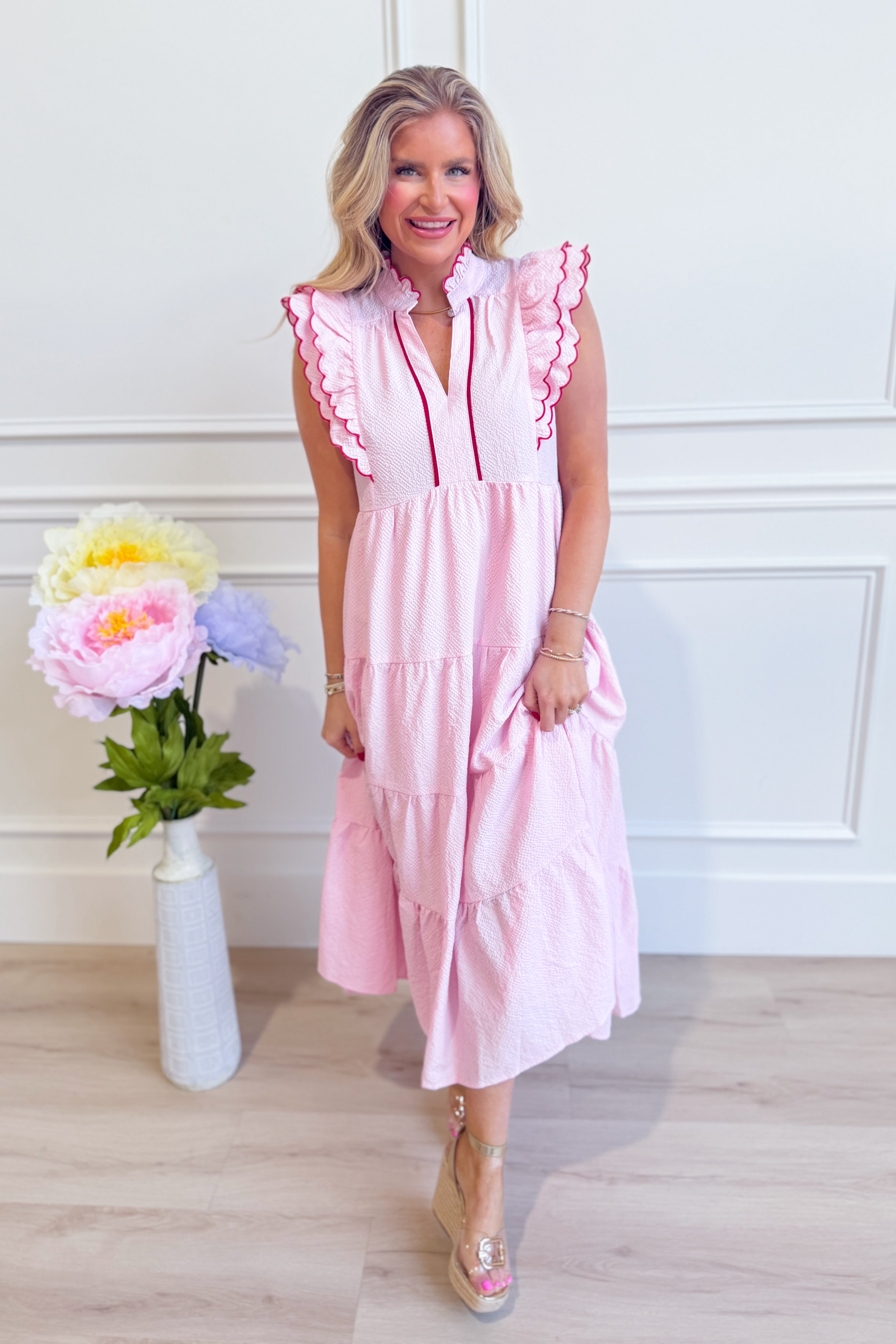 UMGEE USA Shannon scalloped trim midi dress, elegant dressy dress with feminine scalloped details, shown in coral color.