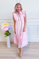 UMGEE USA Shannon scalloped trim midi dress, elegant dressy dress with feminine scalloped details, shown in coral color.