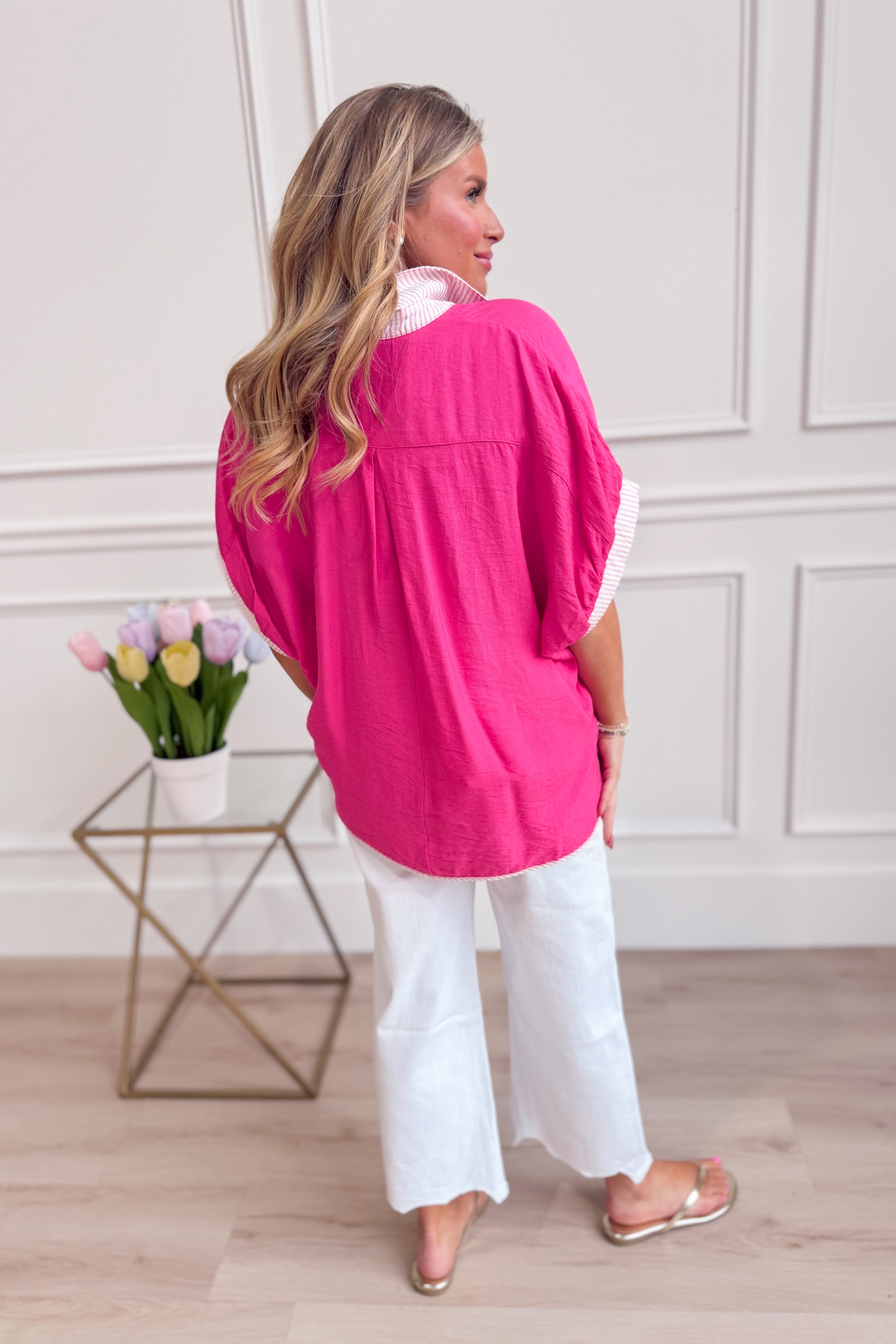 Pink pinstriped collared top from UMGEE USA, a stylish dressy 110 top with a classic collar and fitted silhouette.