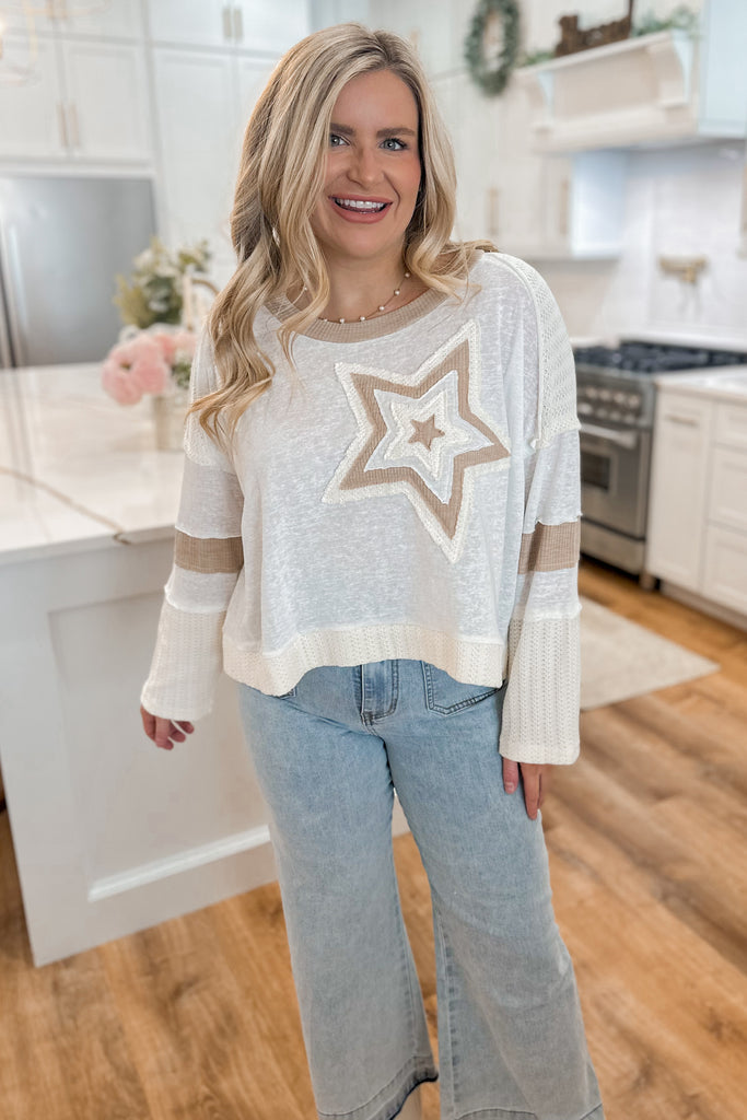 Star Long Sleeve Star Patch Detail Knit Top - Be You Boutique