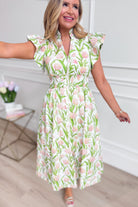 ENTRO Carson botanical floral printed dress featuring a flowy silhouette and vibrant floral pattern, perfect for dressy occasions.