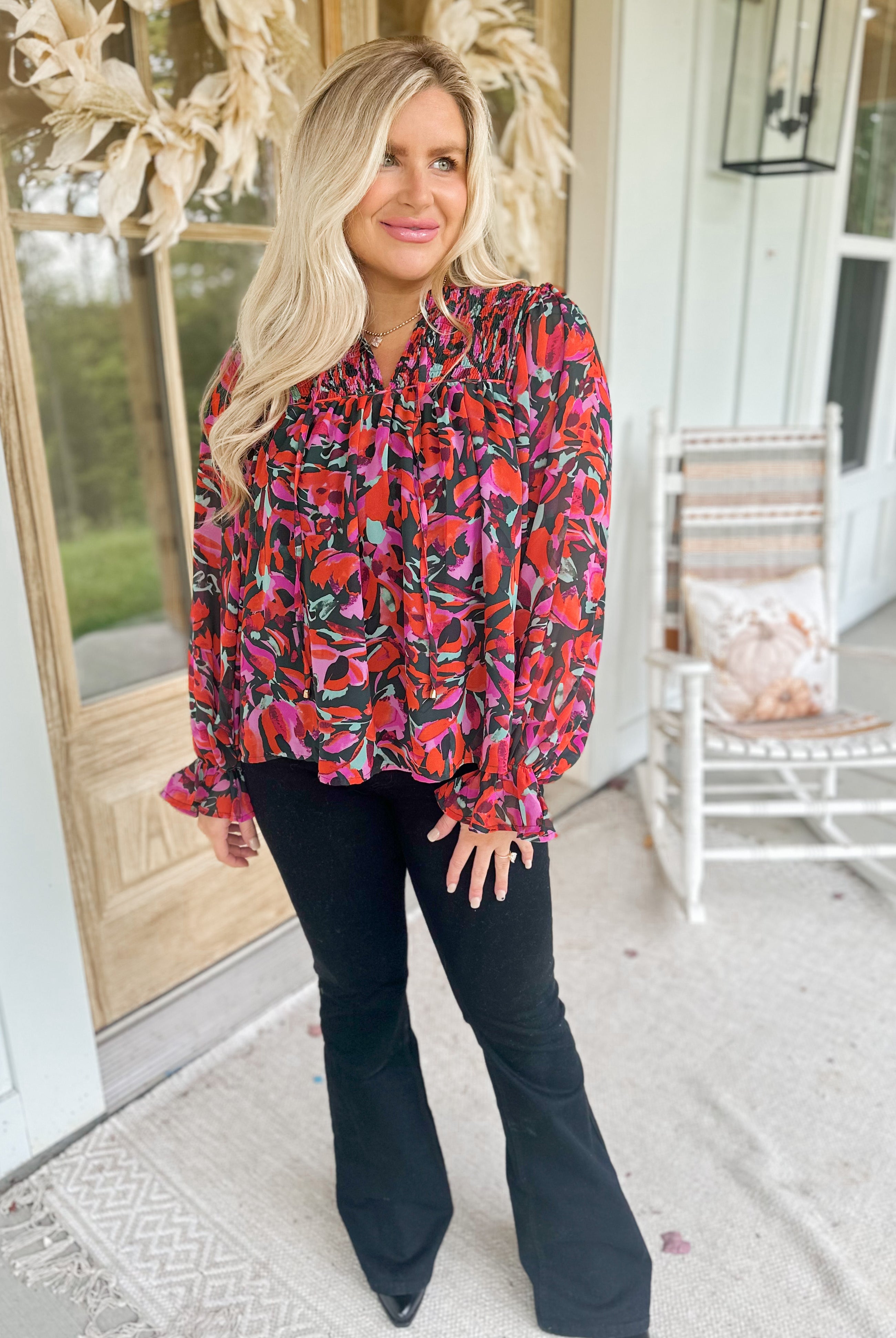 William Printed Floral Long Sleeve V Neck Top - Be You Boutique