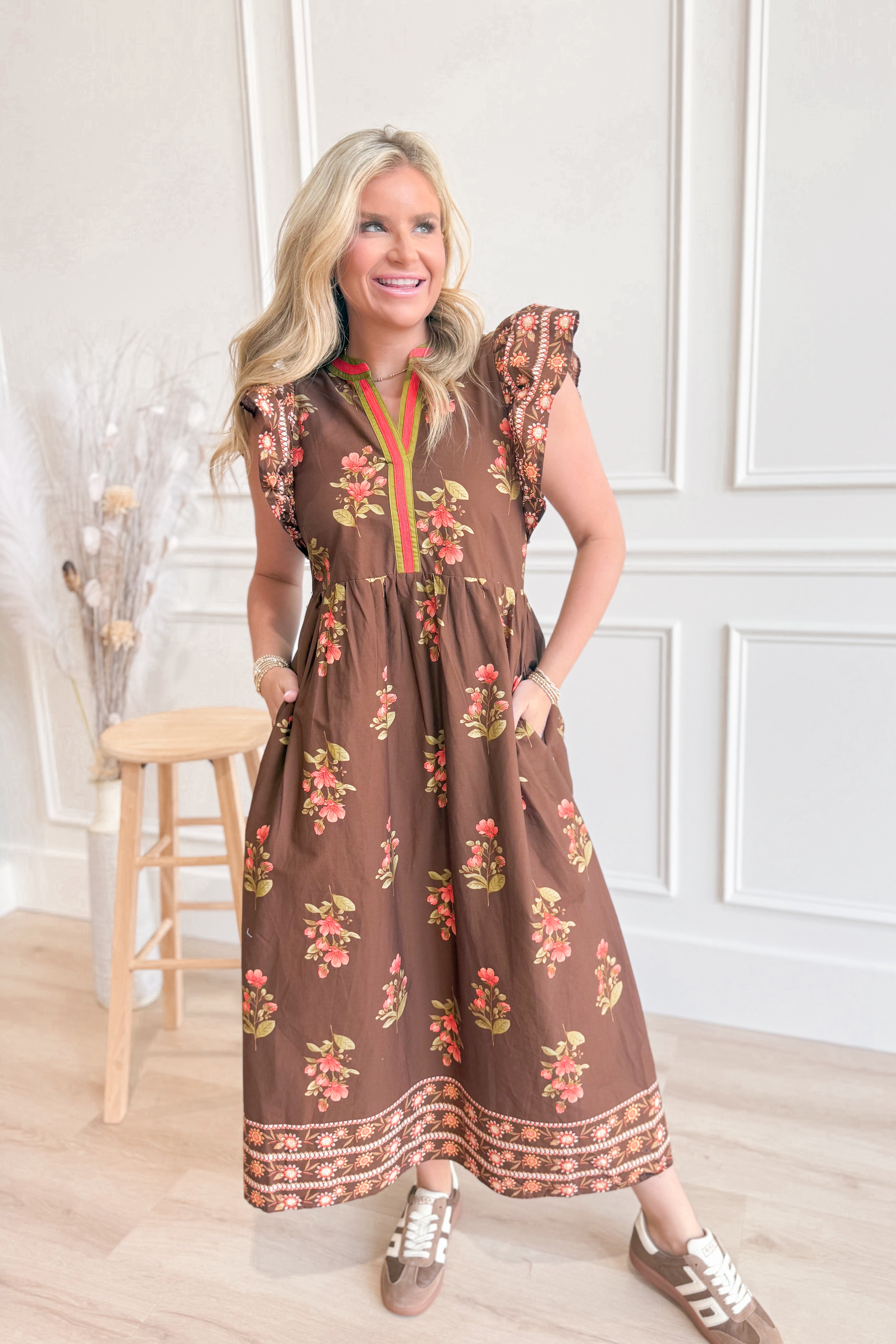 Laura Flutter Sleeve Printed Trim Dress - Be You Boutique