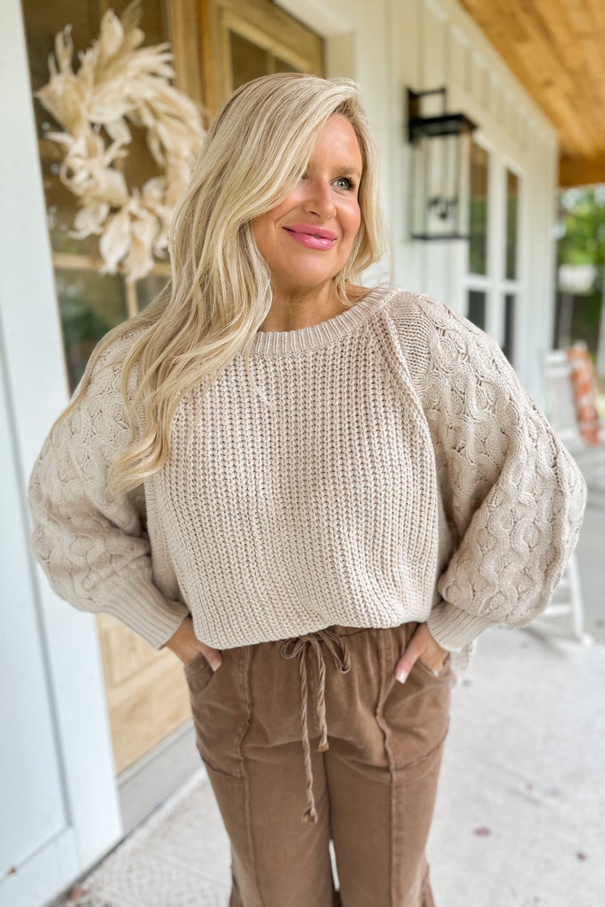 Lorna Round Neck Long Sleeve Cable Knit Sweater - Be You Boutique
