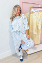 Frederick grey polka dot French terry pullover sweatshirt by PEACH LOVE, featuring a cozy, casual design with polka dot pattern.