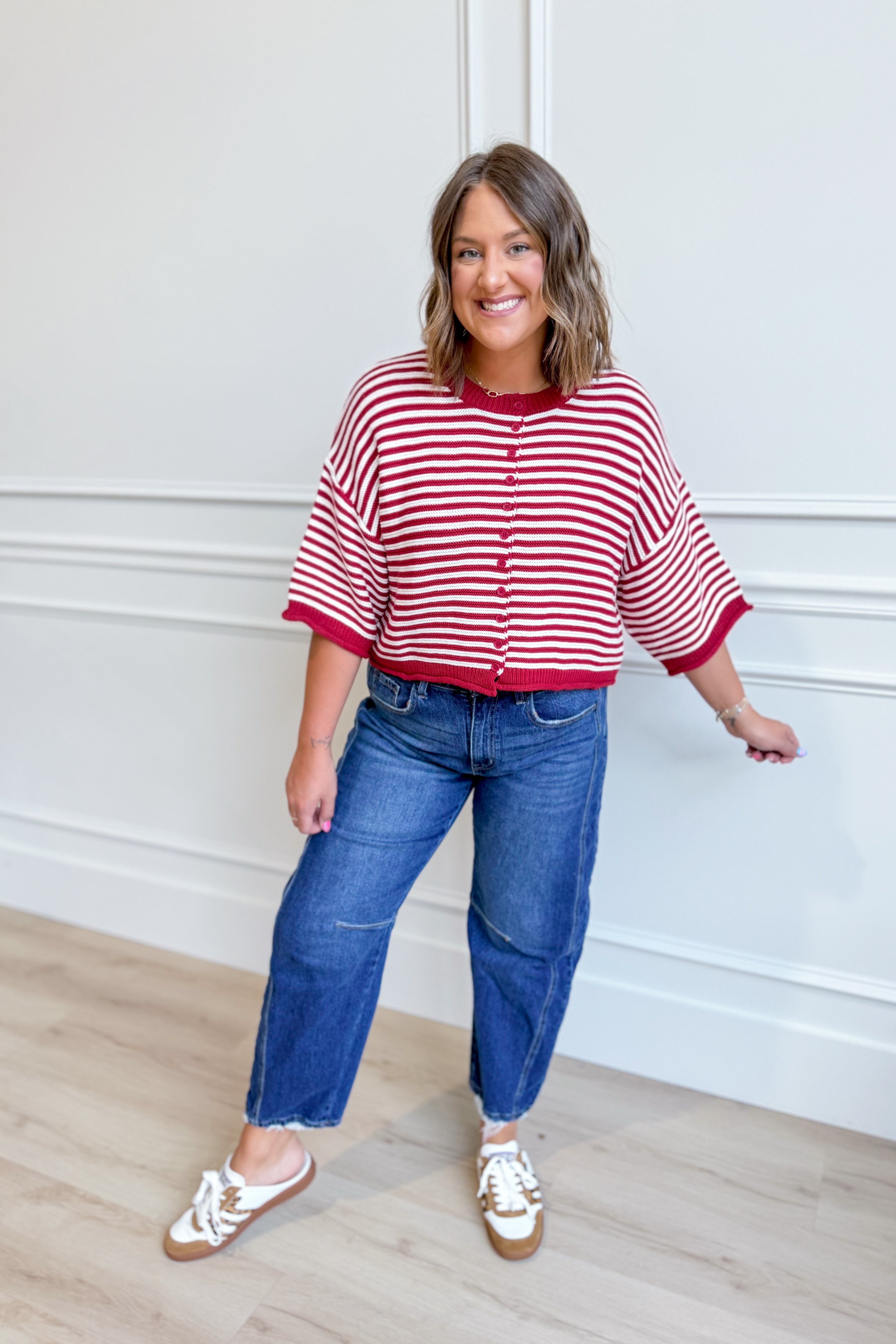 Red striped Izzie oversized sweater top from PEACH LOVE with half sleeves, perfect for fall, featuring a relaxed fit.