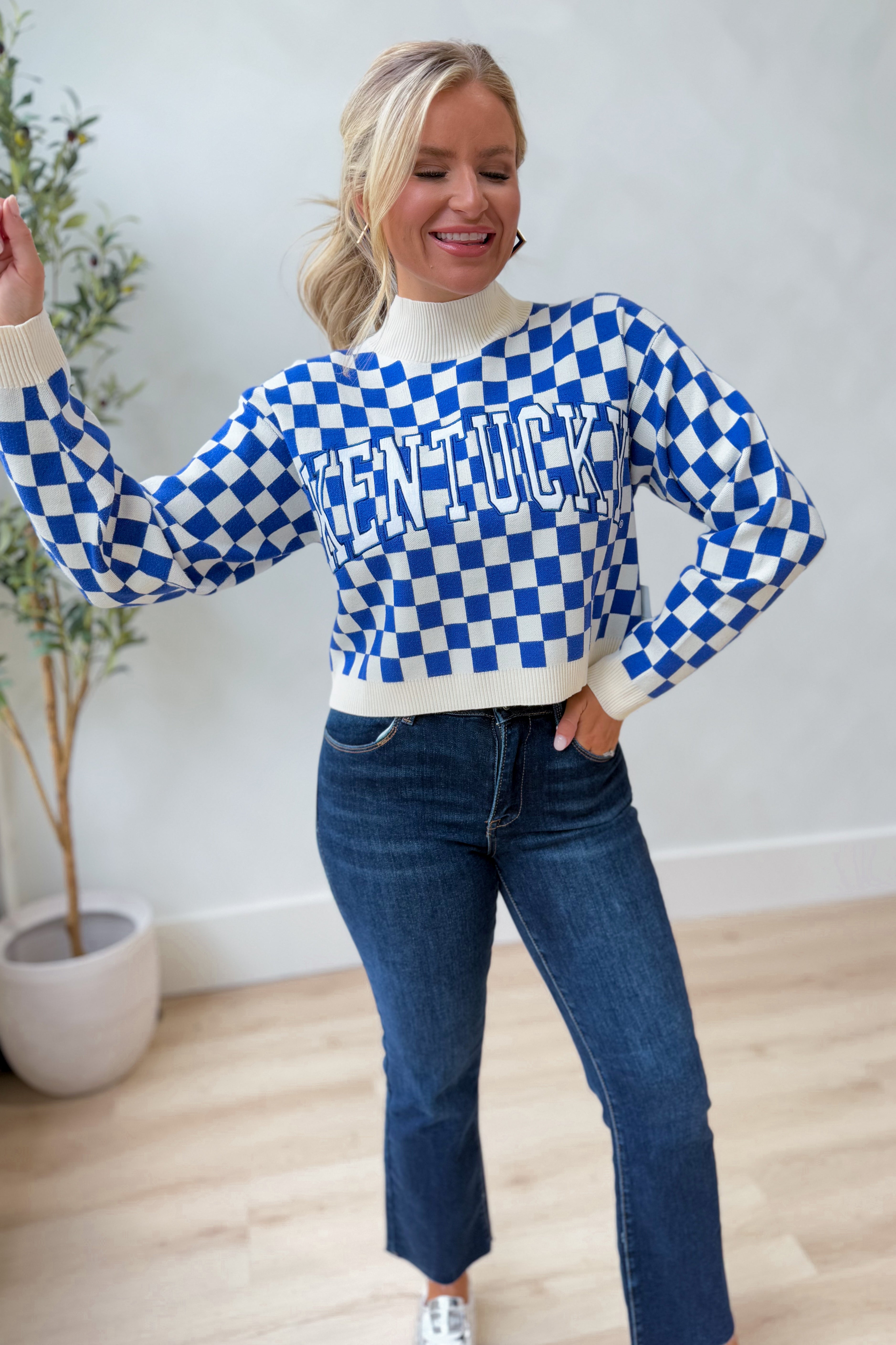 GameDay Social Checkered Kentucky Mock Neck Sweater - Be You Boutique