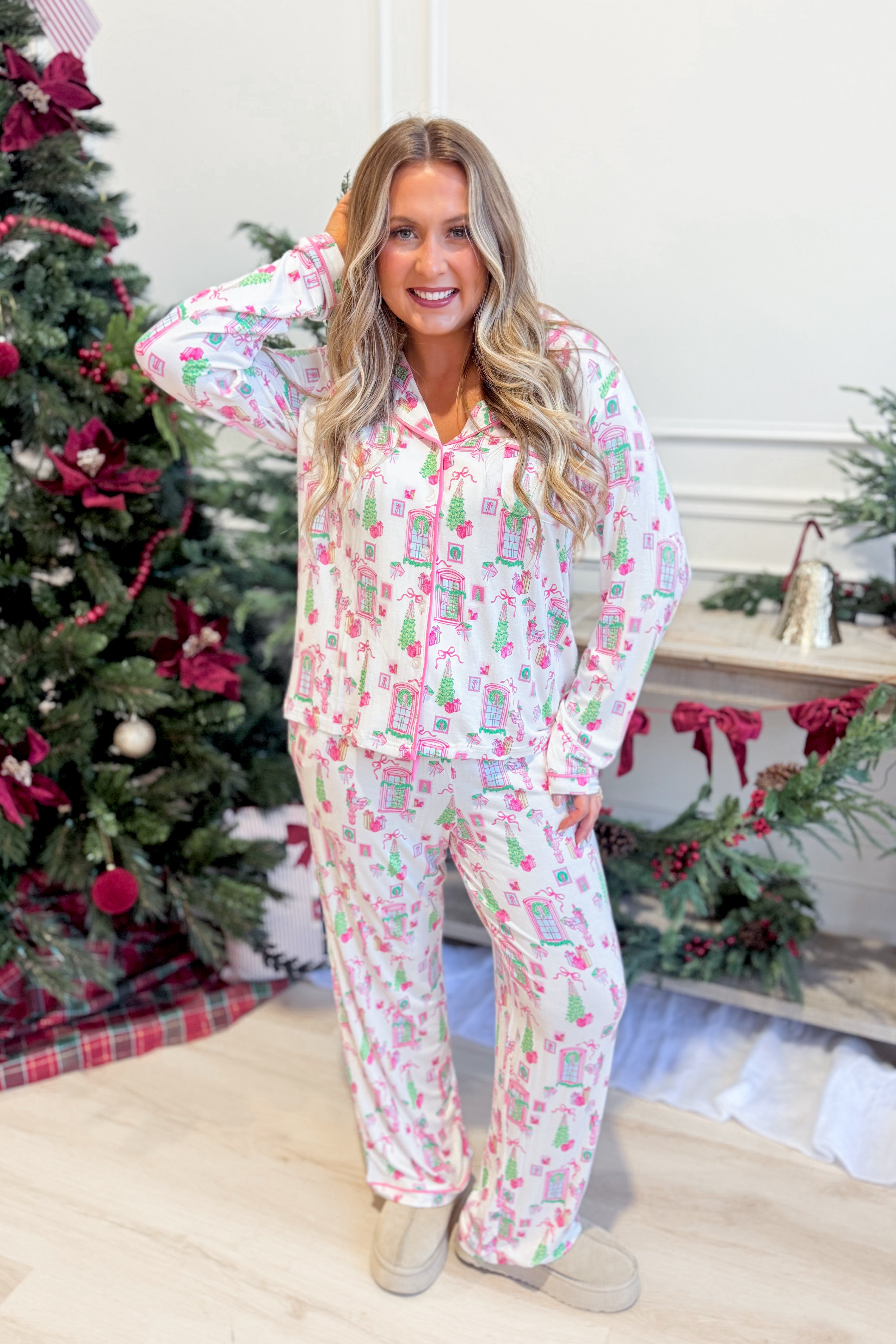 Mary Square Charlotte Home For Christmas Cottage pajama set with long sleeves and matching pants