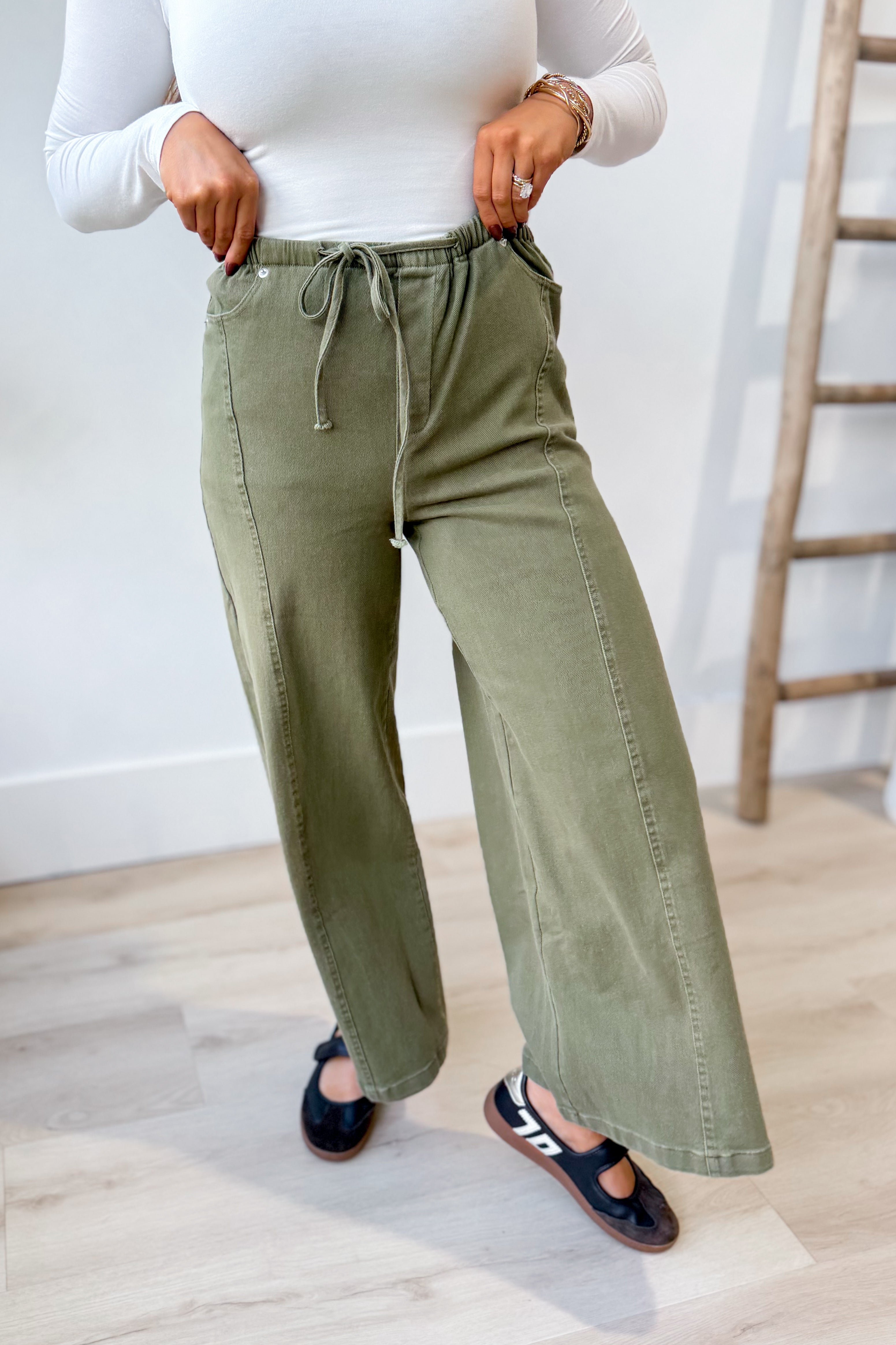 EE:SOME Romeo dry herb mineral washed tie waist leg pants, 156 pants style, featuring relaxed fit and tie waist detail.