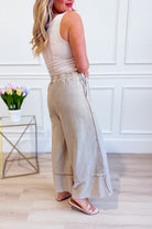 EASEL Caris Mineral Washed Upside Down Terry Knit Wide Leg Palazzo Pants in neutral tones, showing relaxed fit and wide leg style.
