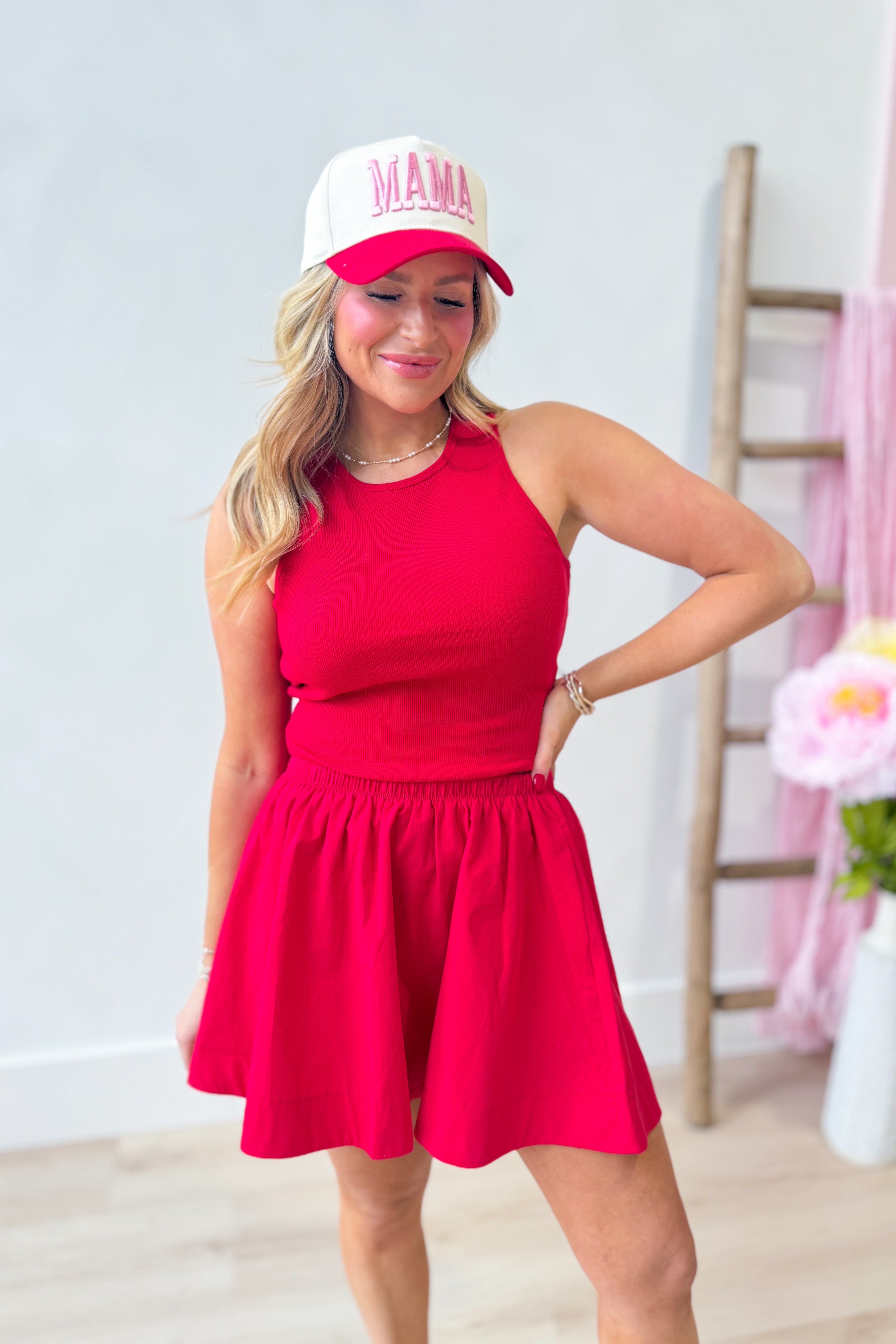 HYFVE Carter red sleeveless ribbed skirt set featuring a fitted sleeveless top and matching high-waisted skirt.