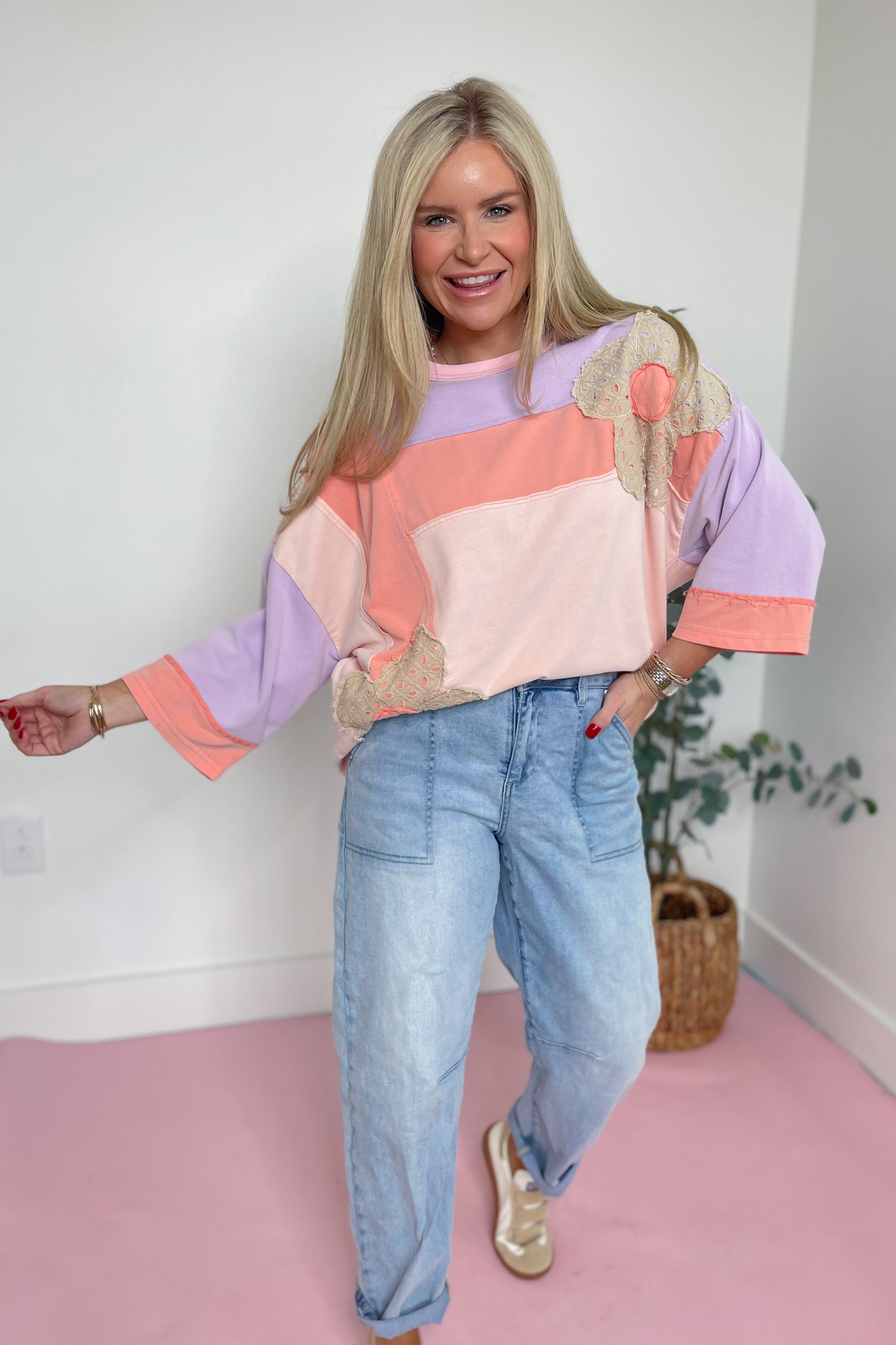 Hannah Flower Patch Color Block Top - Be You Boutique