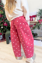 PEACH LOVE Whitney Polka Dot Twill Barrel Pants in novelty 147 jeans style, featuring polka dot pattern and relaxed fit.