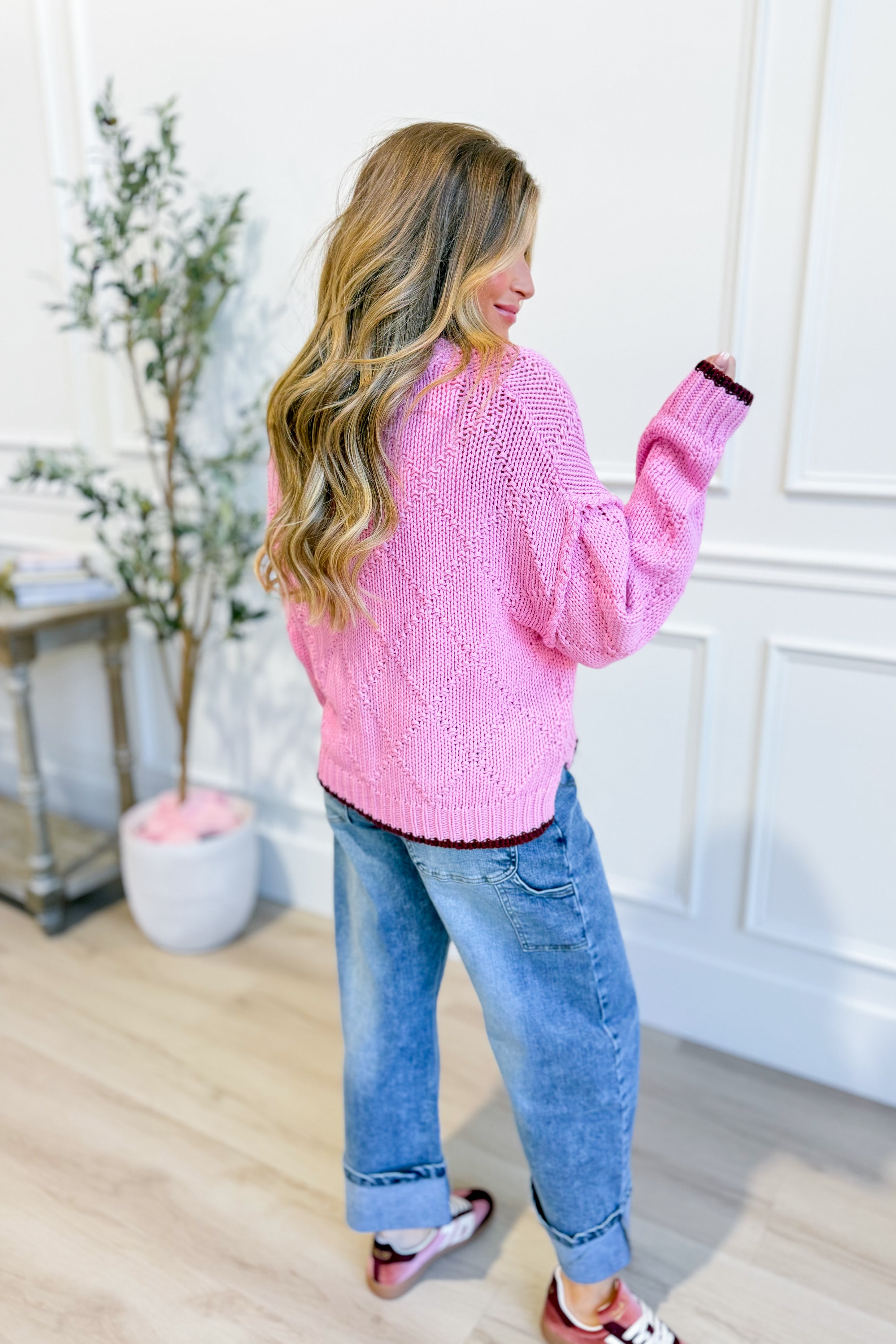 Wishlist Aly Hibiscus contrast trim pointelle sweater with fall-inspired design, featuring a cozy knit and subtle color accents.