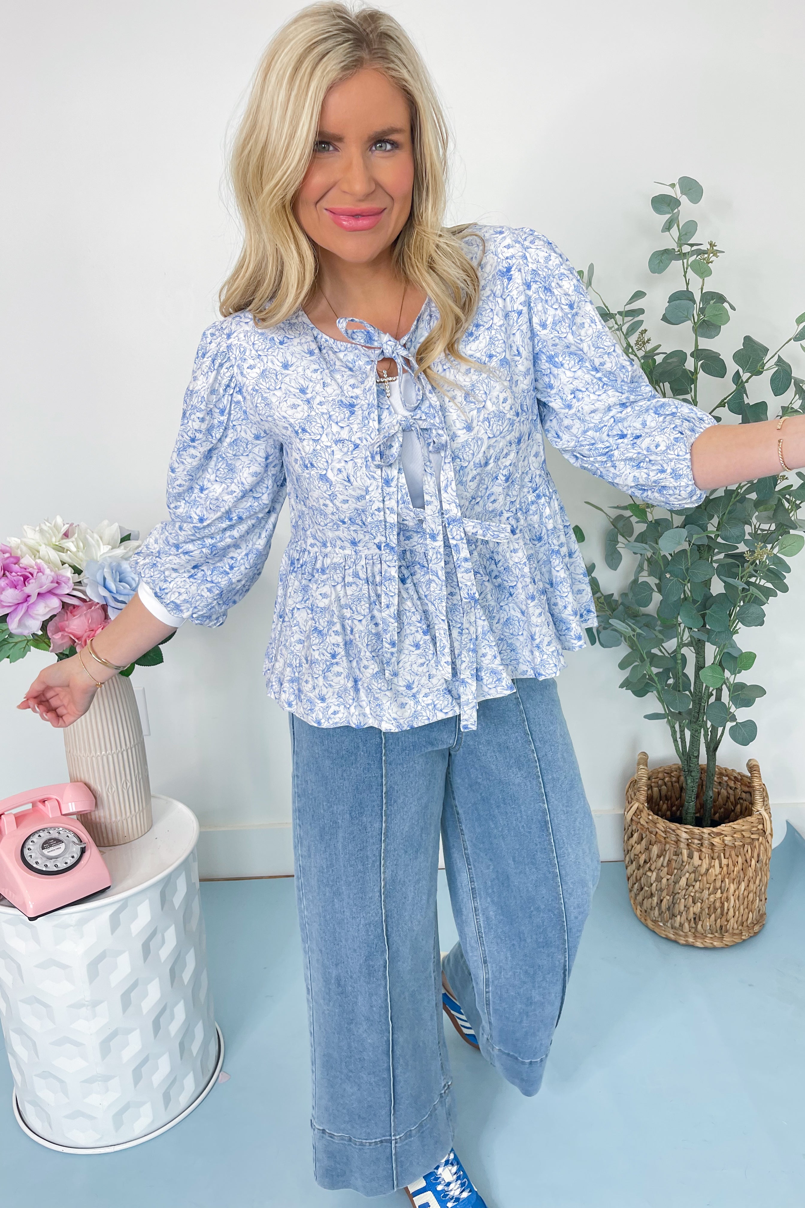 Azure Water Paint Floral Blouse - Be You Boutique