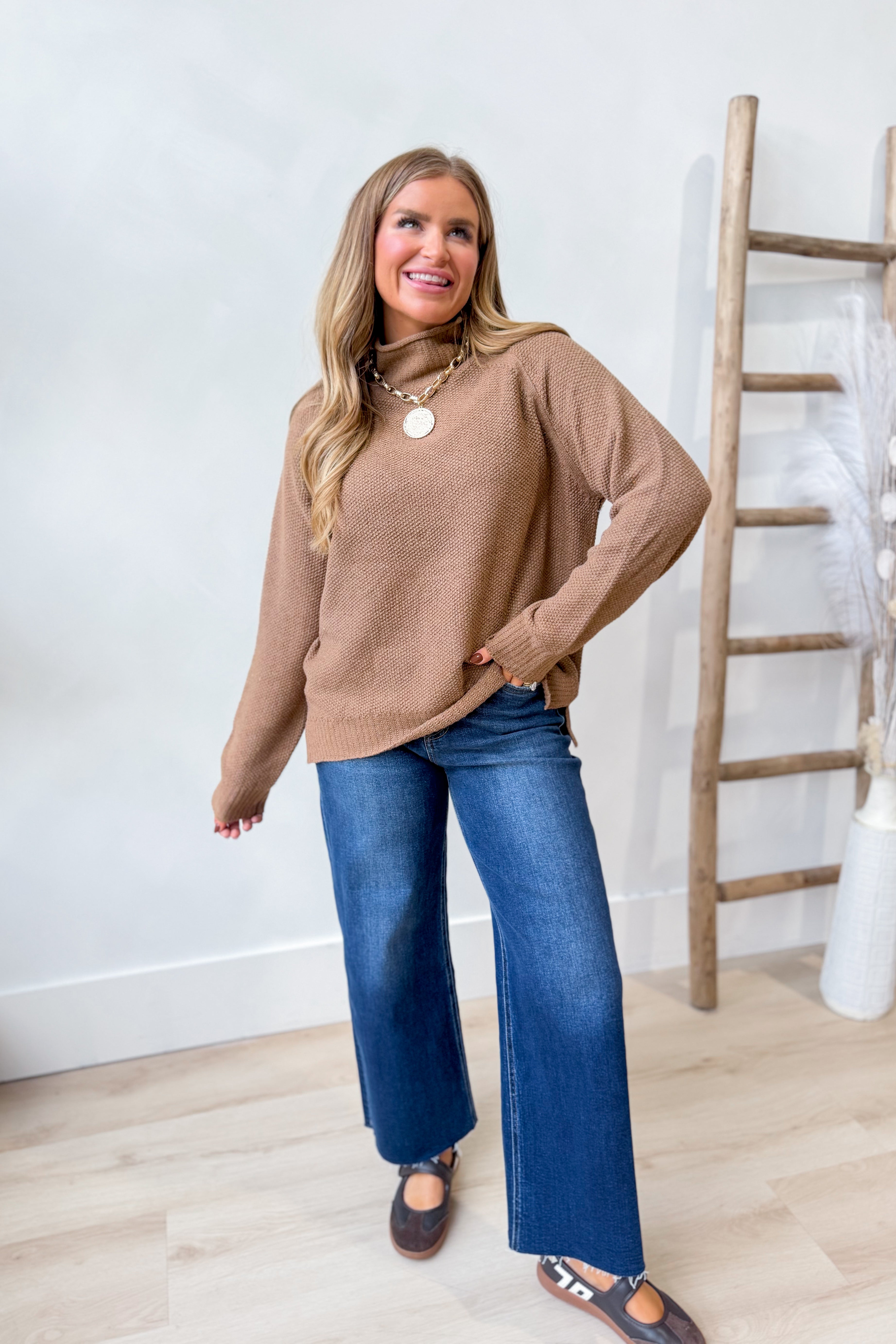 Wishlist Maddie Mocha turtle neck sweater in warm brown with ribbed texture, long sleeves, and cozy fall style.