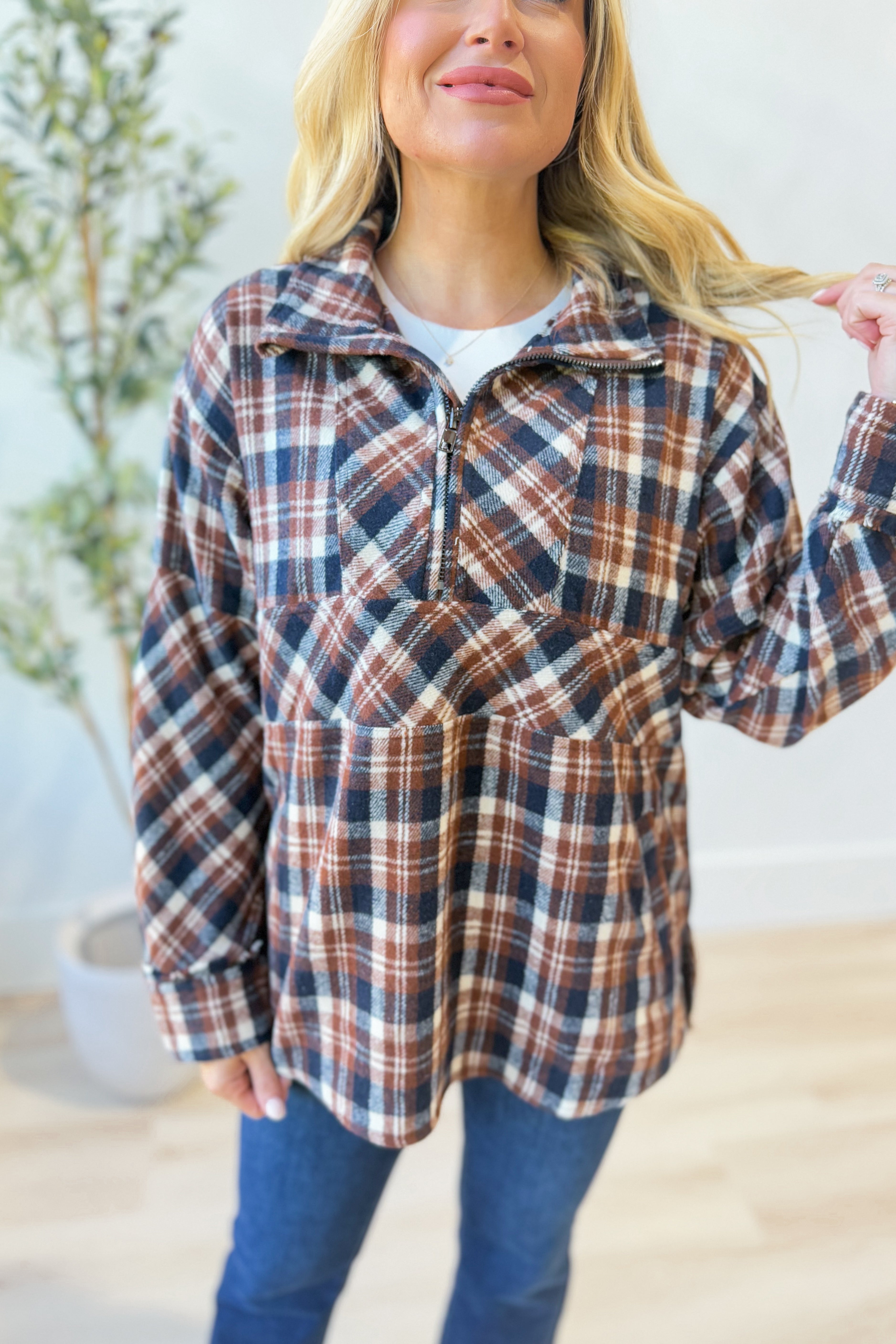 Cori Plaid Long Sleeve Quarter Zip Pullover - Be You Boutique