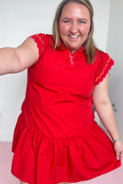 Kacy Scalloped Ruffle Sleeve Dress - Red - Be You Boutique