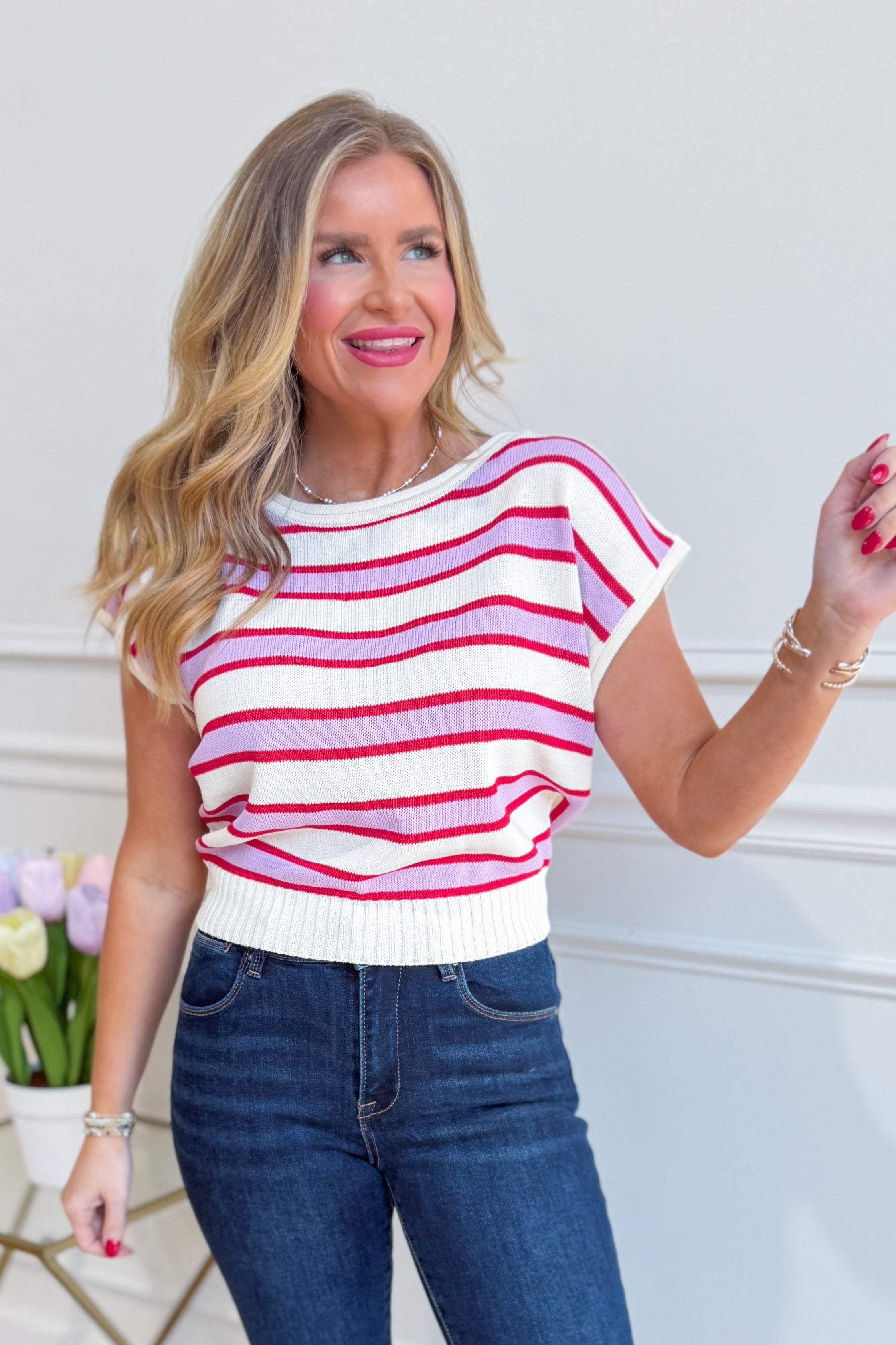ENTRO Angie striped round neck casual top with long sleeves and relaxed fit, featuring colorful horizontal stripe pattern.