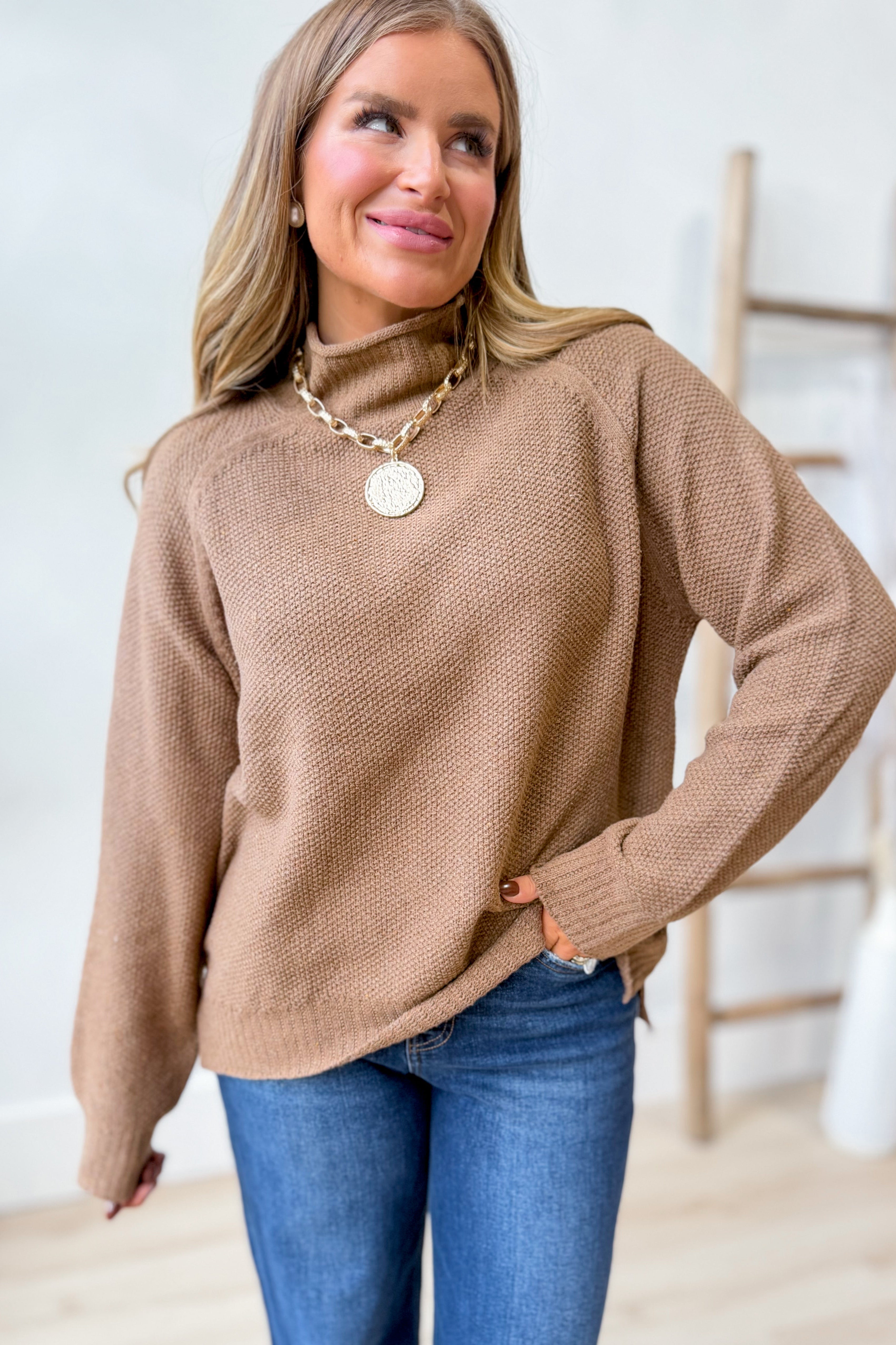 Wishlist Maddie Mocha turtle neck sweater, 132 fall sweater with cozy knit fabric and ribbed neckline, styled in a natural pose.