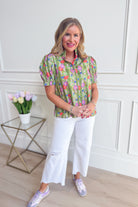 JODIFL Gretta Contrasted Accent Button Down Top, stylish dressy blouse with contrasting accents, shown on a model.