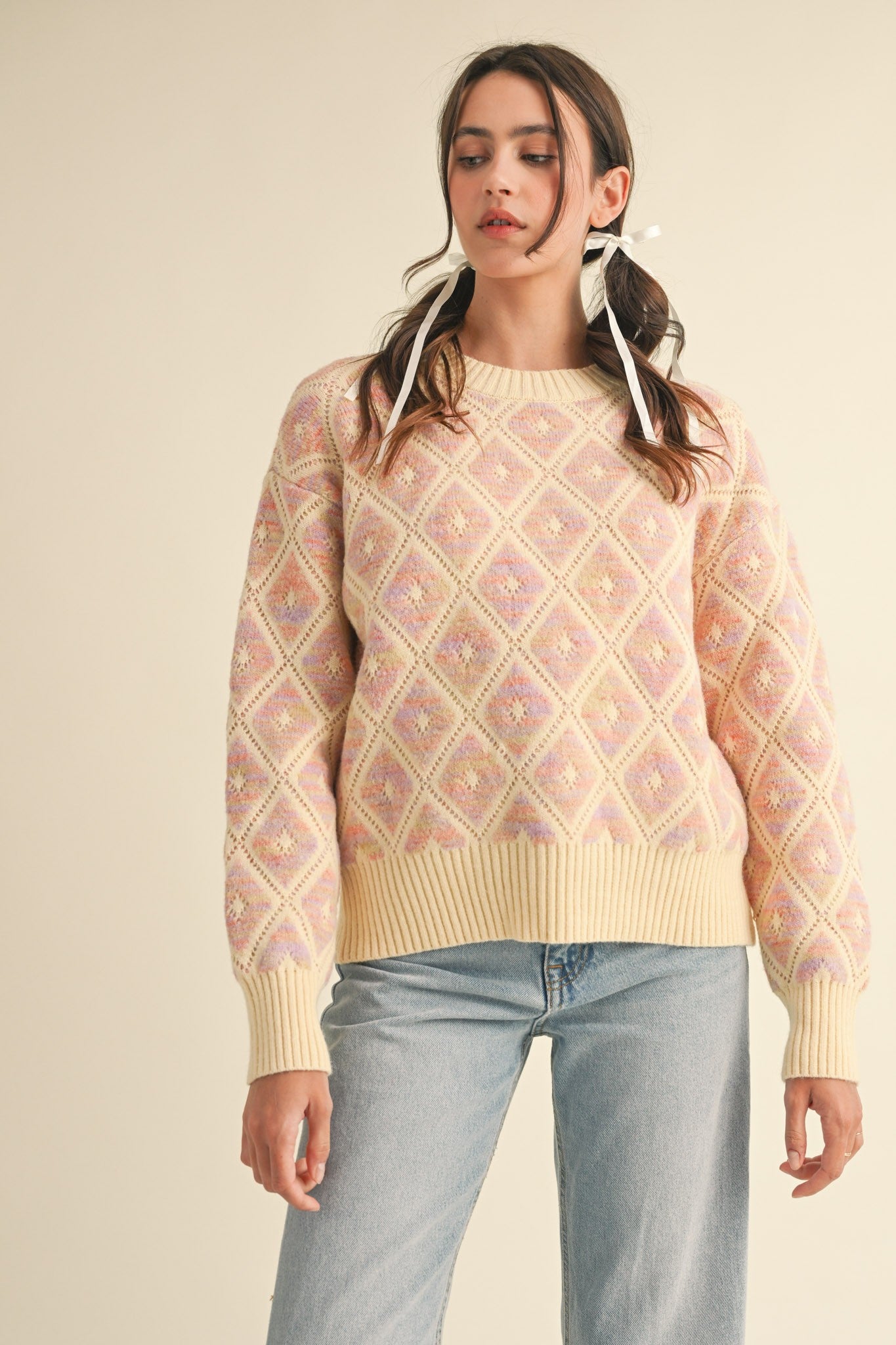 Kara Pointelle Diamond Long Sleeve Sweater - Be You Boutique