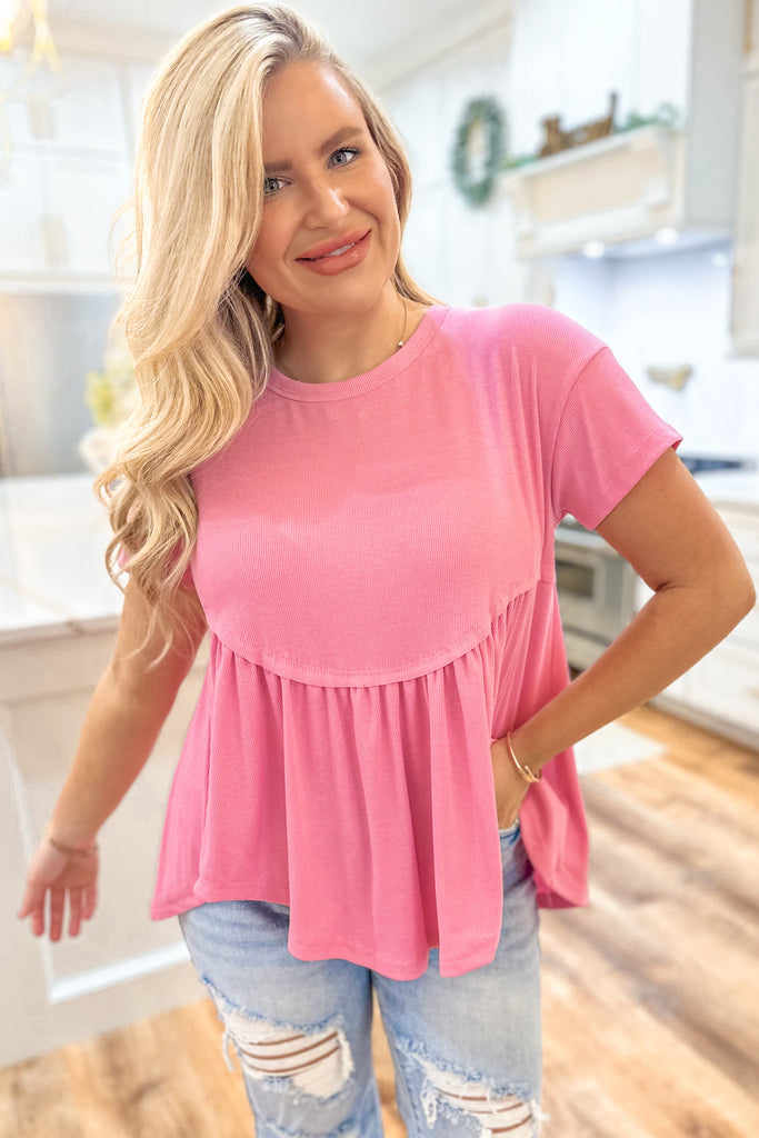 Blaine Short Sleeve Ribbed Babydoll Top - Be You Boutique