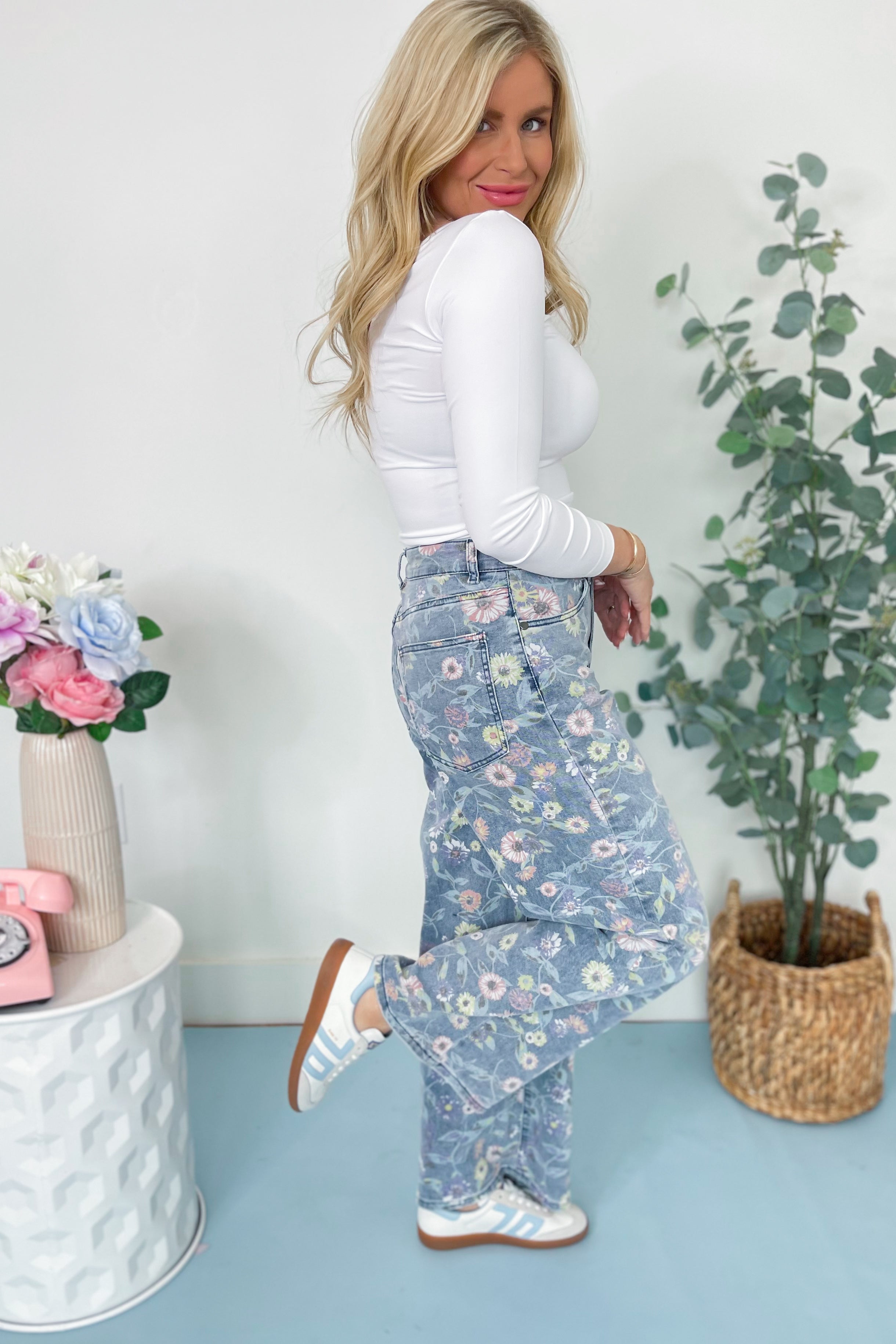 Aly Floral Washed Denim Twill Pant - Be You Boutique