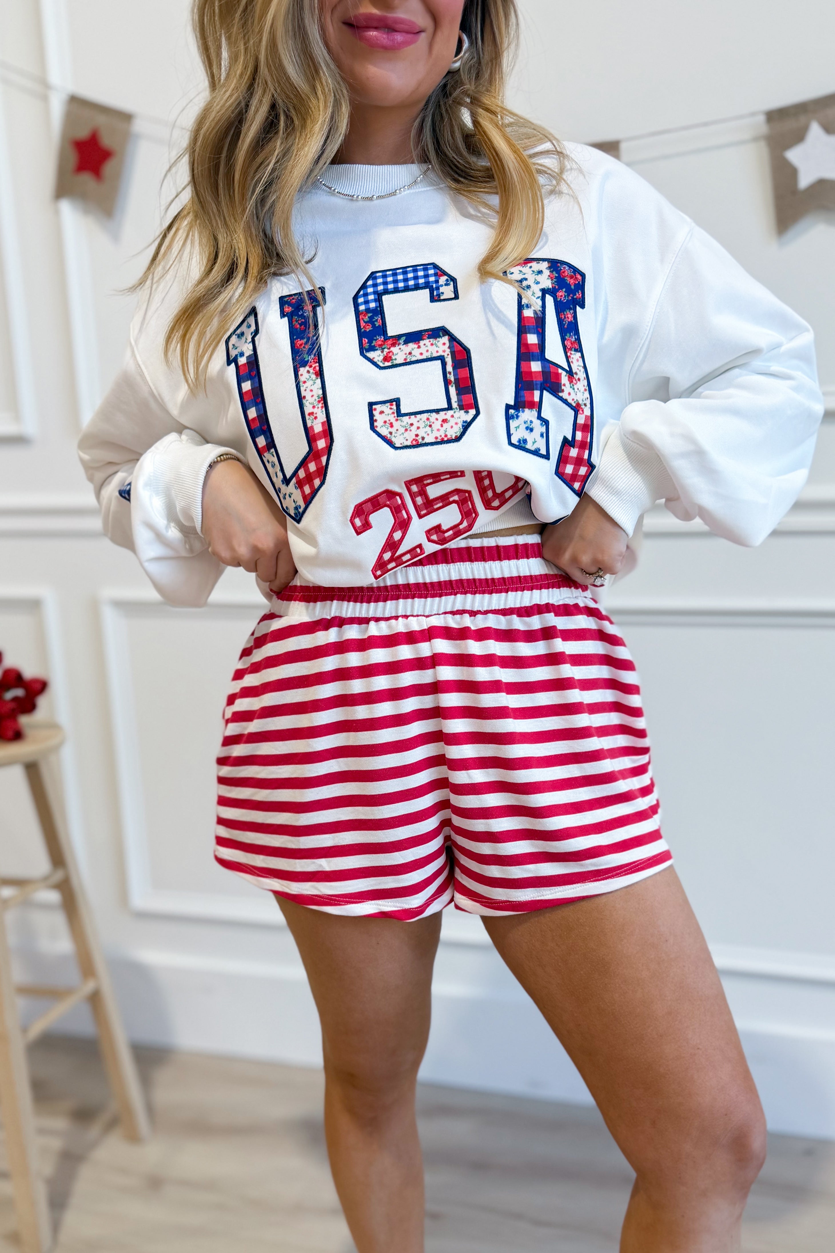 Eli striped comfy elastic waist shorts by BUCKET LIST, casual 152 shorts with colorful striped pattern and relaxed fit.