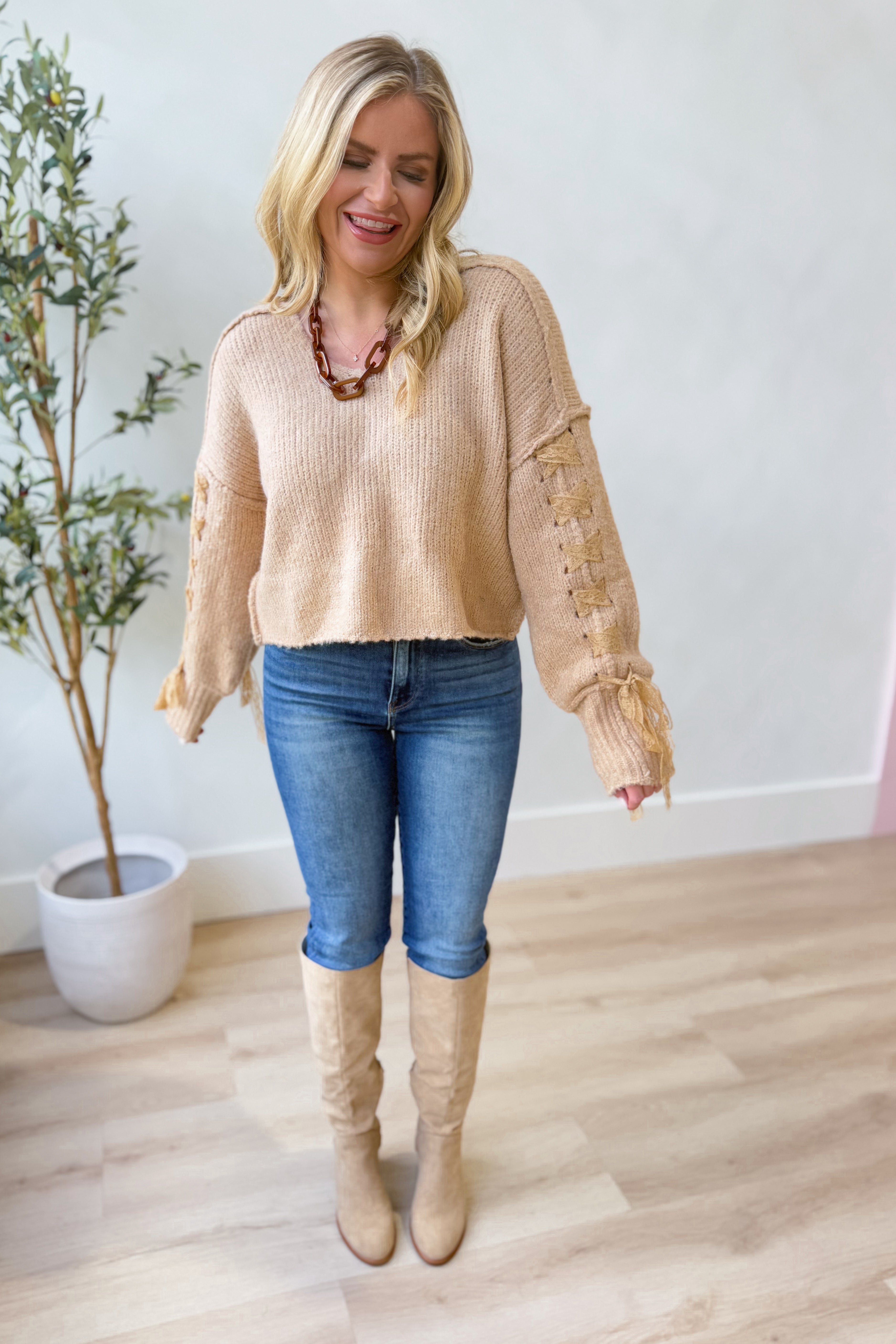 Karen Lace Up Cropped Knitted Sweater - Be You Boutique