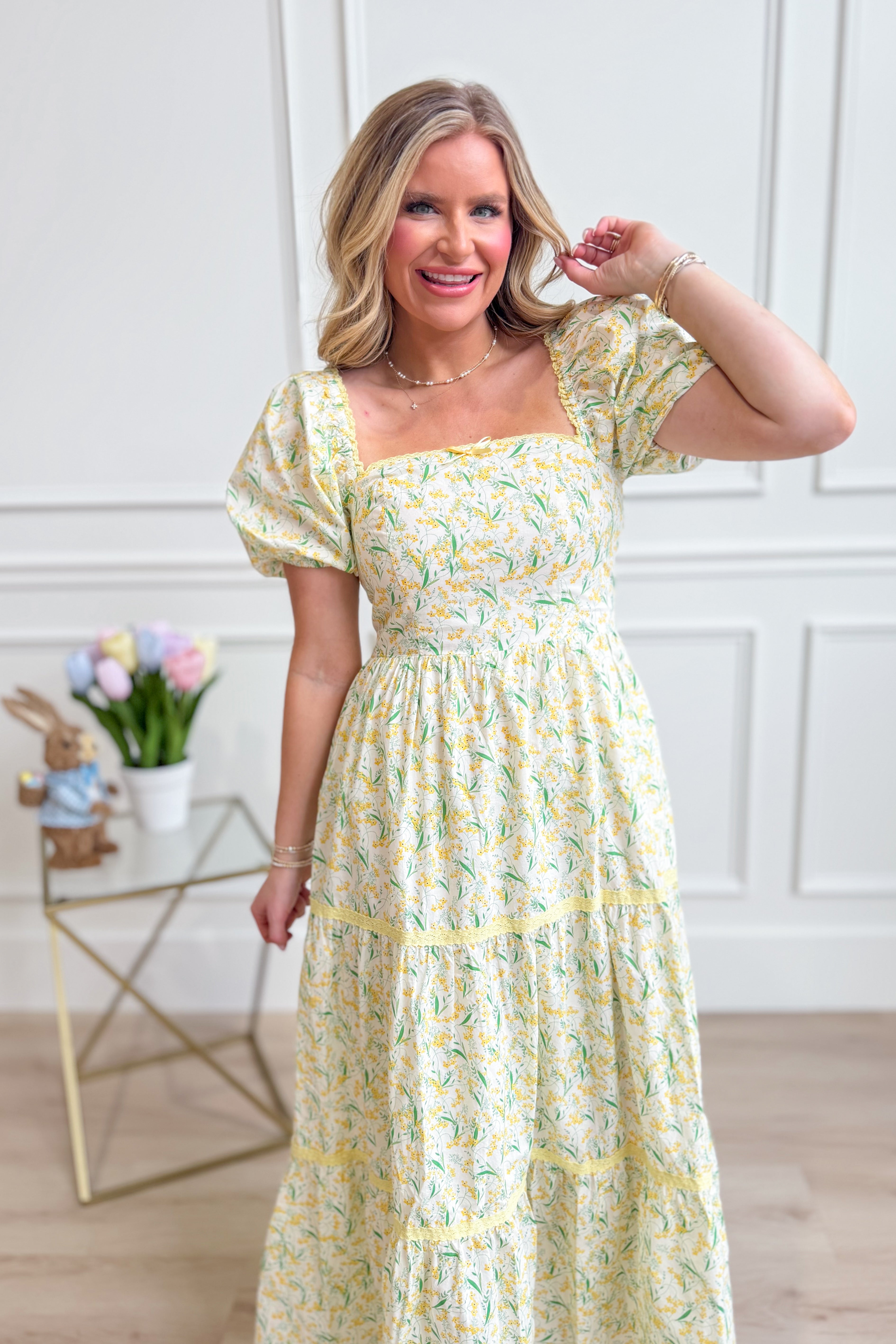 IN LOOM Bloom floral square neck maxi dress featuring a vibrant floral pattern and elegant design, perfect for dressy occasions.