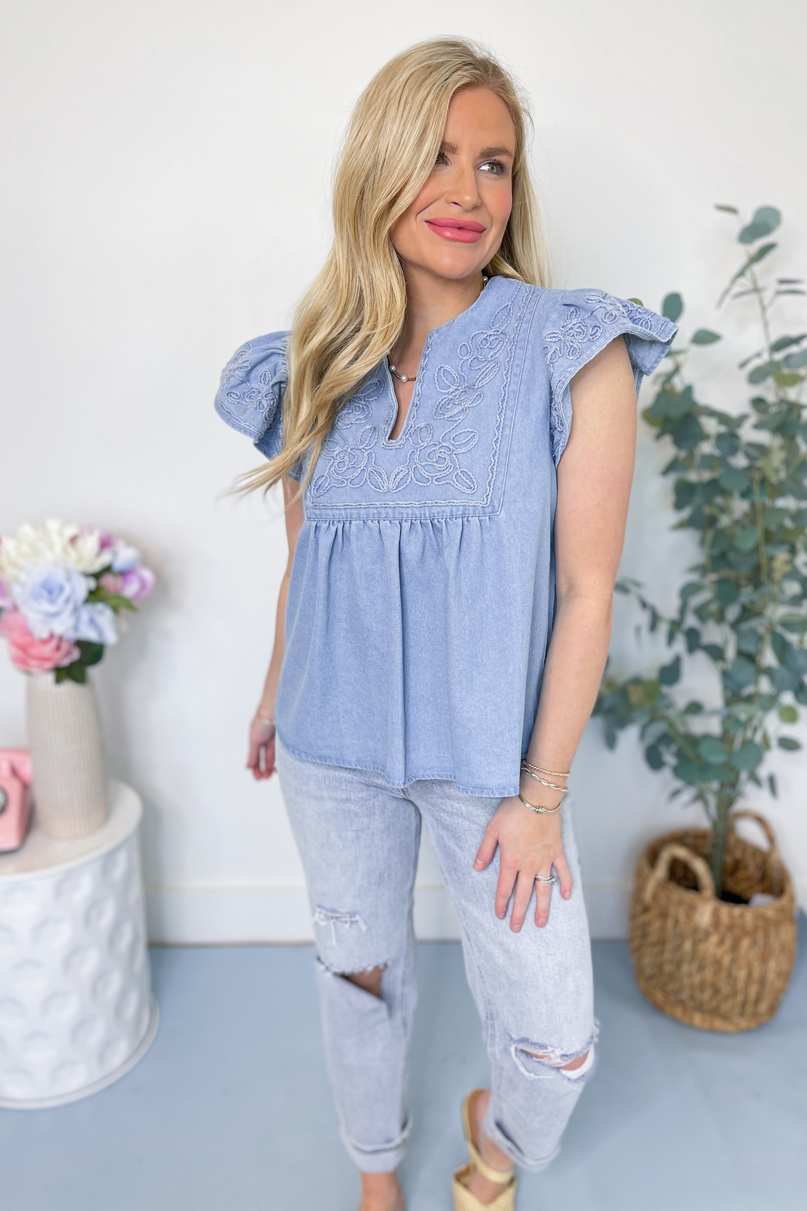 Margaret Split Neck Flutter Sleeve Top - Be You Boutique