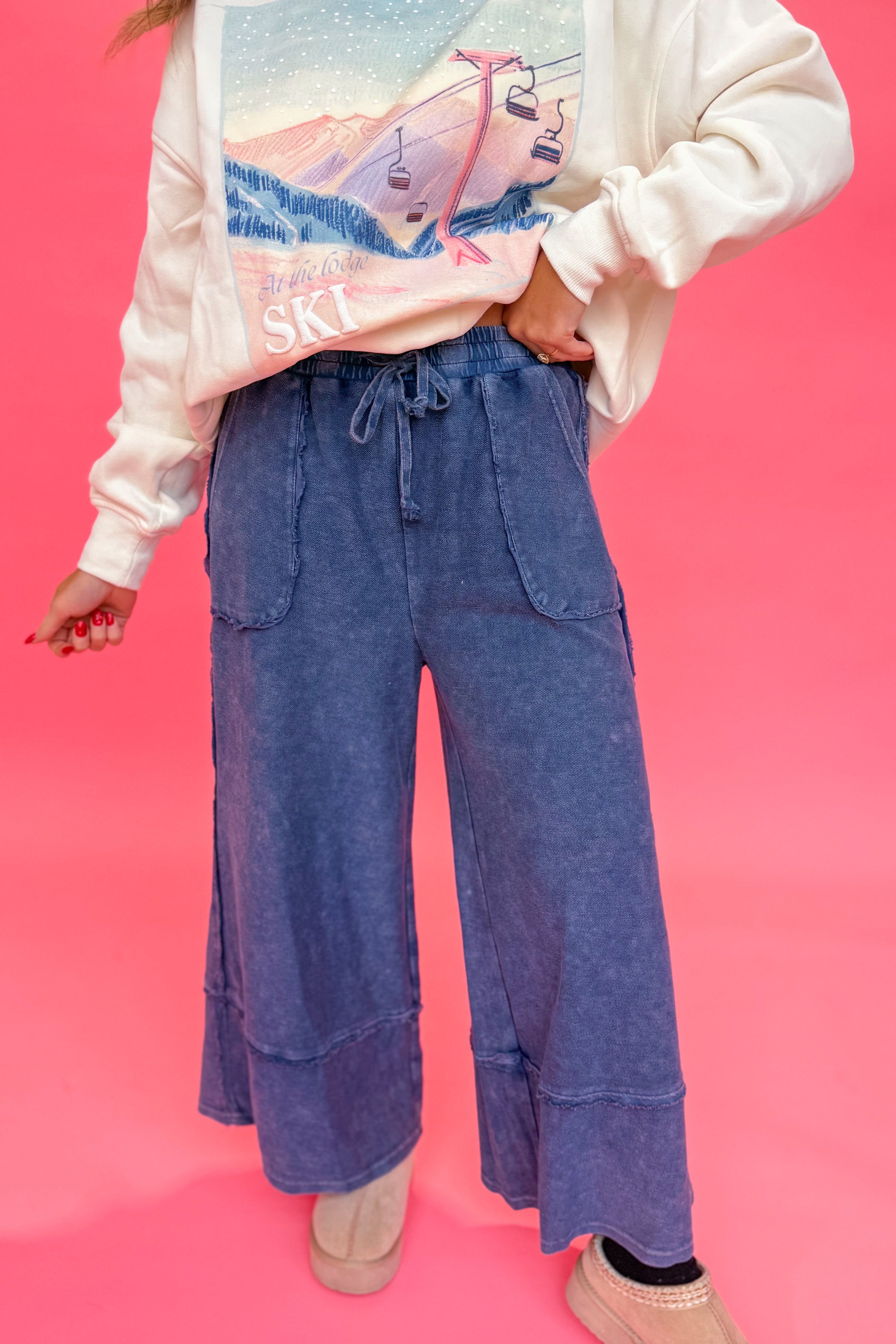 Caris Mineral Washed Upside Down Terry Knit Wide Leg Palazzo Pants - Be You Boutique