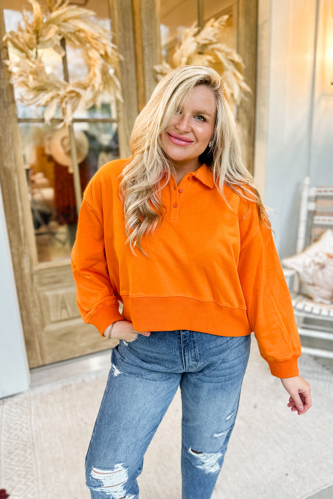Juan Cropped Long Sleeve Collared Sweatshirt - Be You Boutique