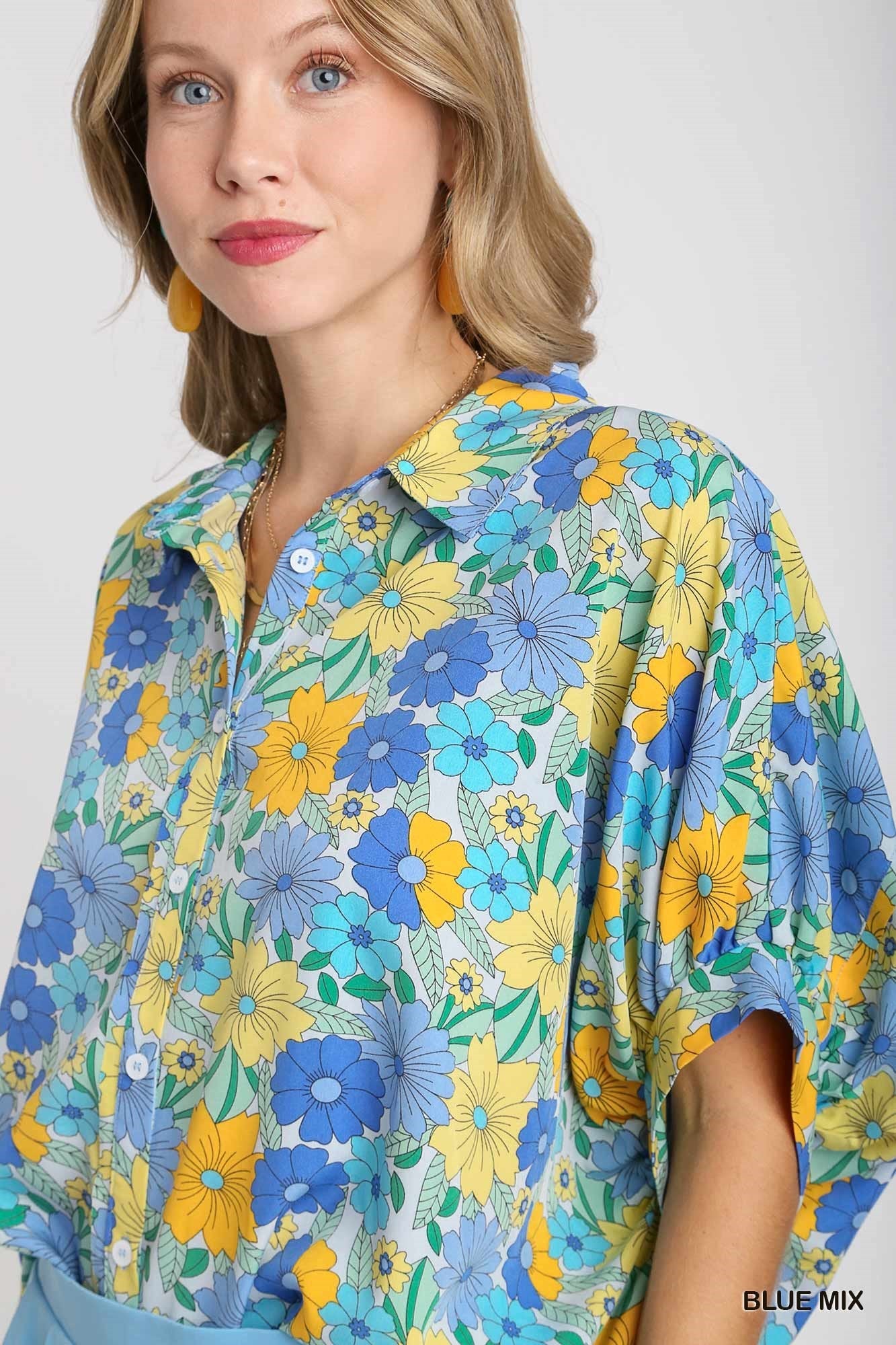 Molly Flower Print Boxy Button Down Collared Top - Be You Boutique