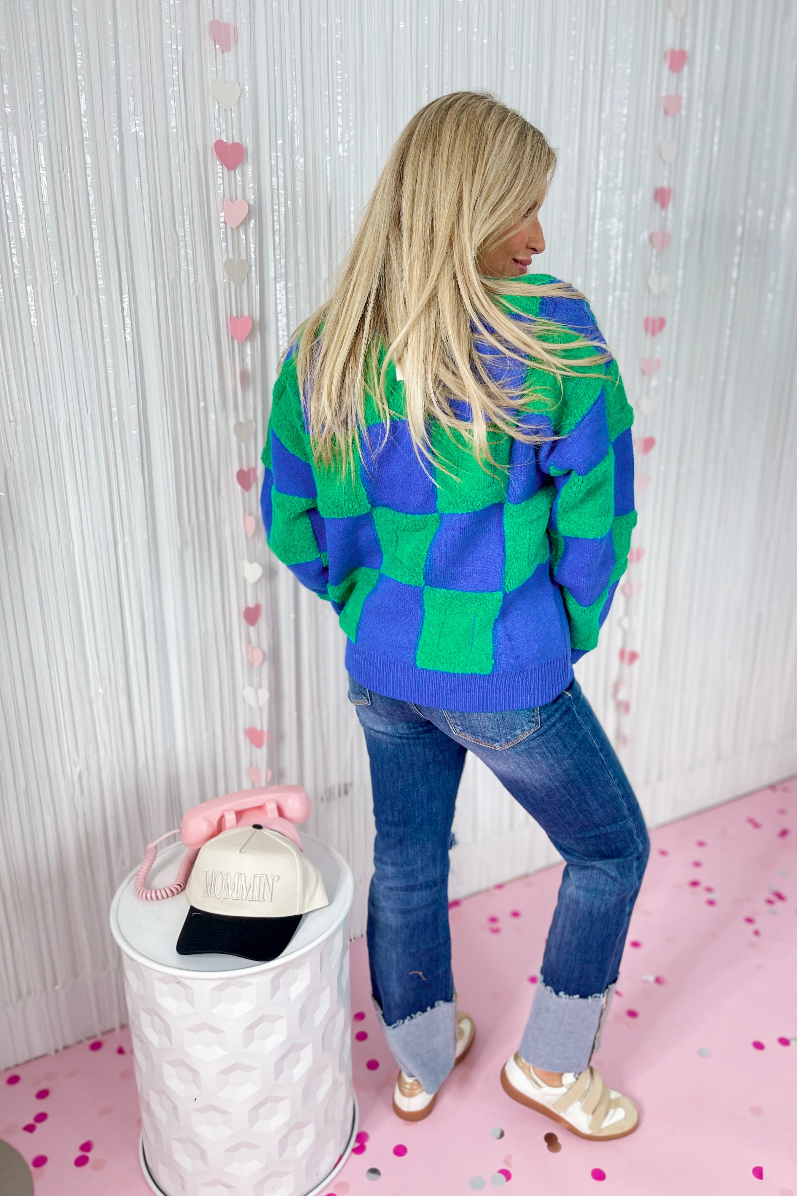 Margie Textured Checkered Pullover Ribbed Sweater - Be You Boutique