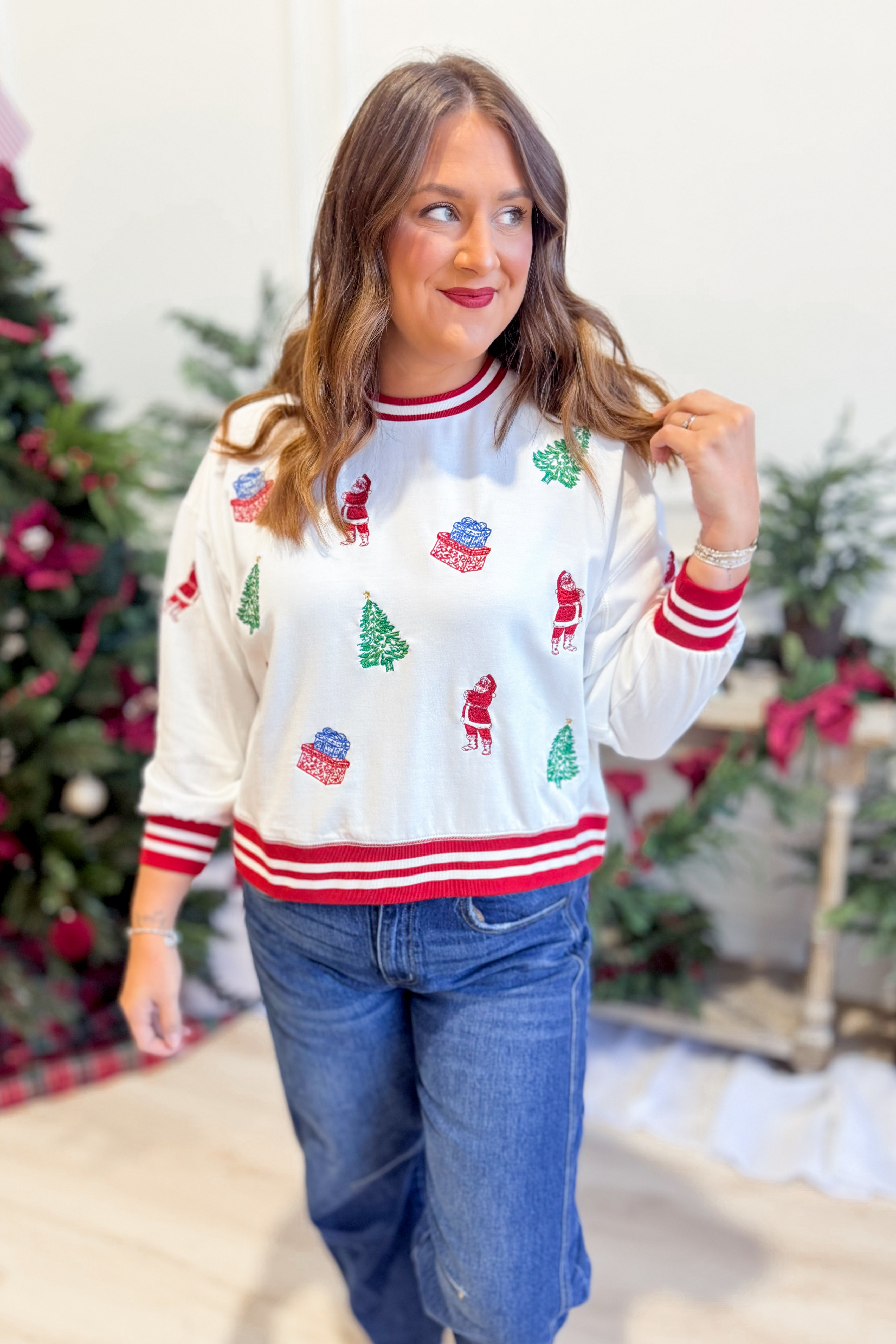 Mary Square Millie Tidings and Toile graphic pullover sweatshirt with festive toile print and text design