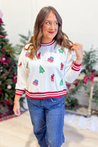 Mary Square Millie Tidings and Toile graphic pullover sweatshirt with festive toile print and text design
