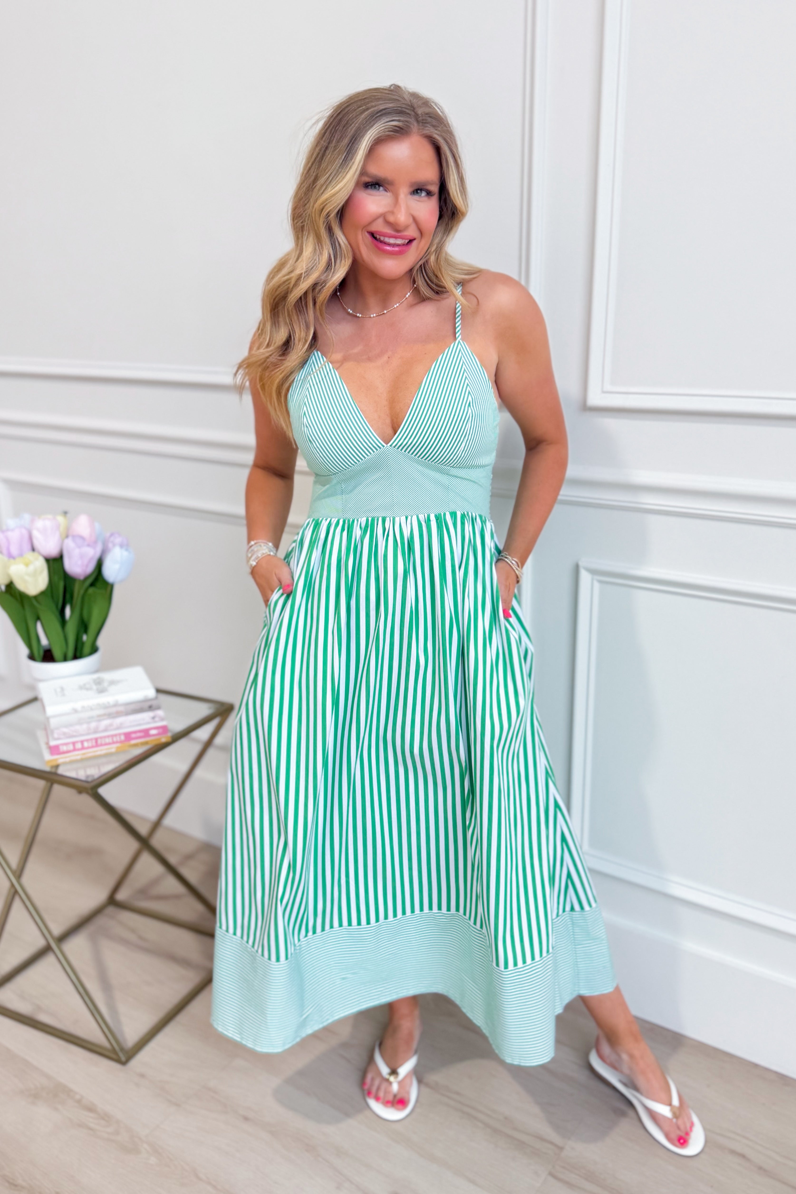 TCEC Peter striped sleeveless midi dress with a relaxed fit, featuring bold horizontal stripes and a midi length for casual wear.