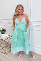 TCEC Peter striped sleeveless midi dress with a relaxed fit, featuring bold horizontal stripes and a midi length for casual wear.