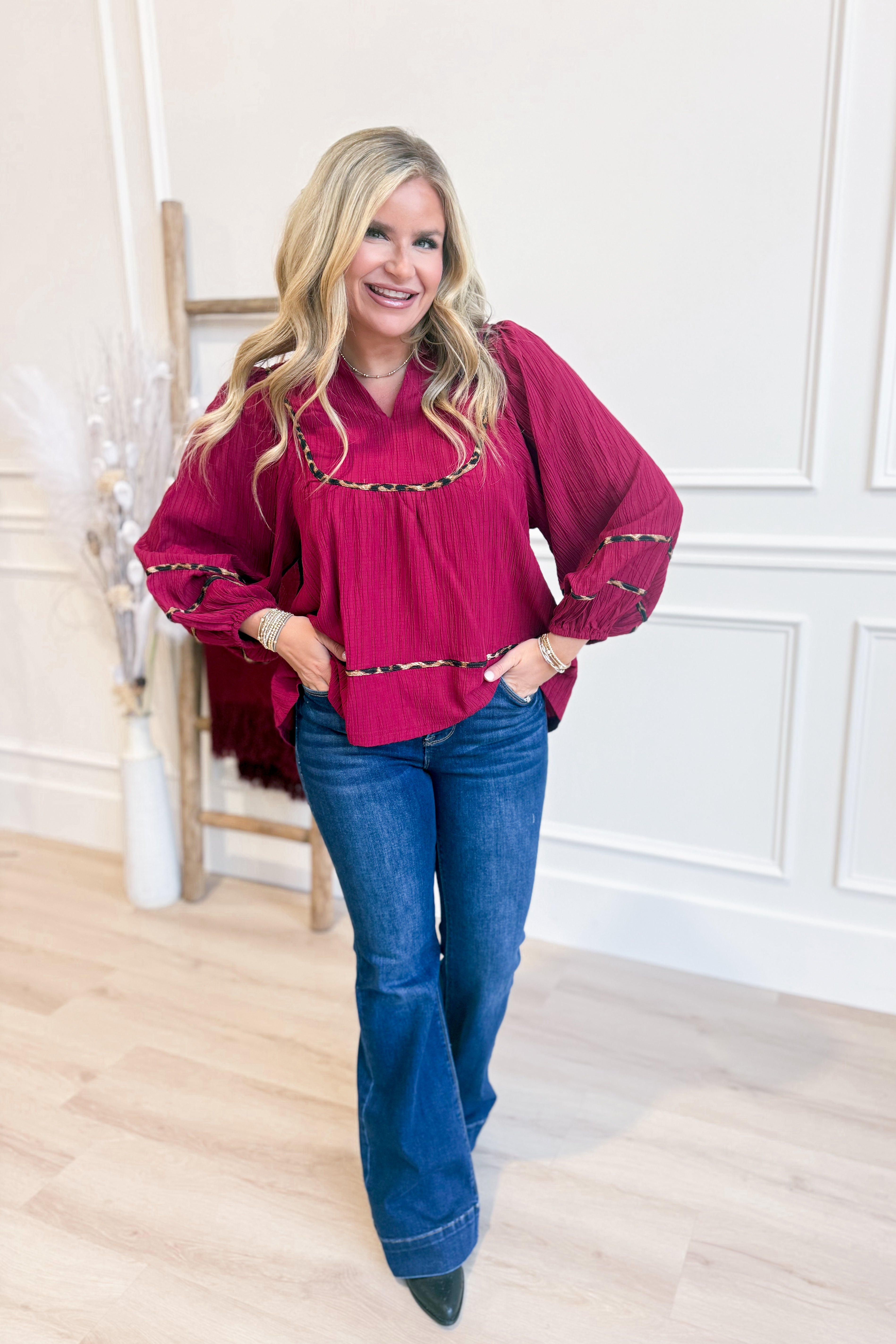 Stacie Leopard Trim Blouse Top - Be You Boutique