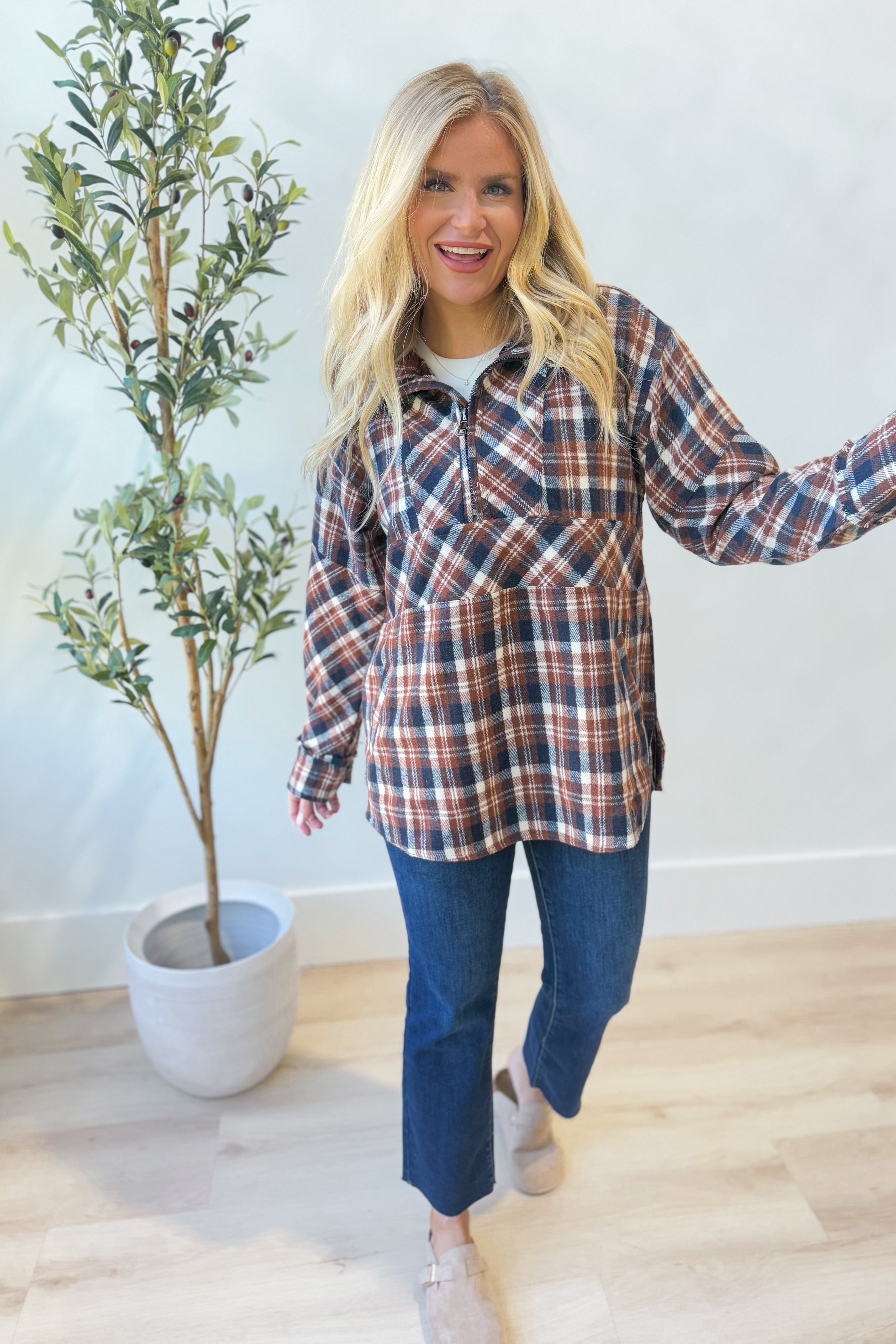 Cori Plaid Long Sleeve Quarter Zip Pullover - Be You Boutique