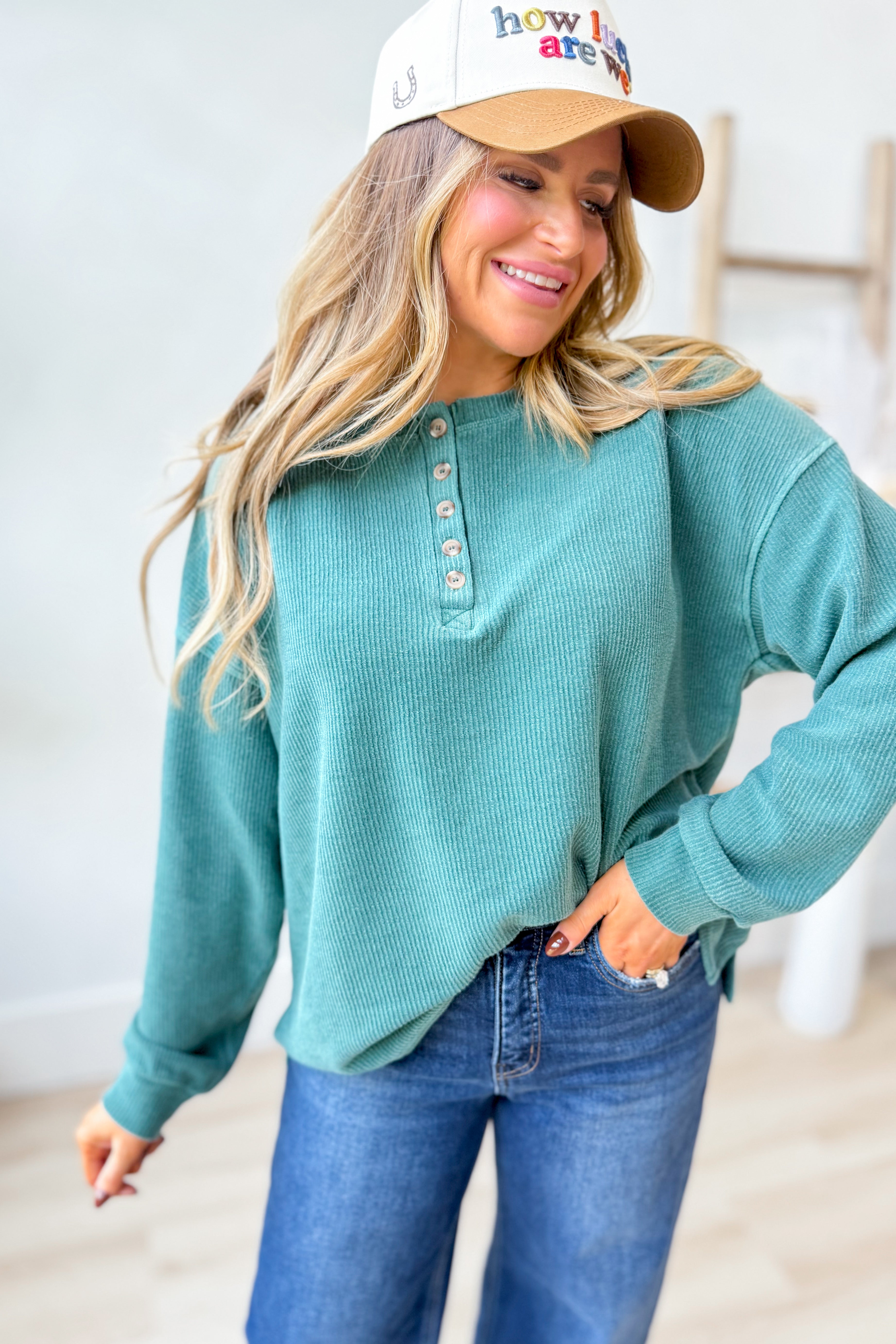 BLU PEPPER Cindy ribbed Henley long sleeve top in a casual style, featuring a buttoned neckline and fitted ribbed fabric.