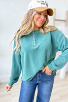 BLU PEPPER Cindy ribbed Henley long sleeve top in a casual style, featuring a buttoned neckline and fitted ribbed fabric.