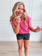 THINGS BETWEEN Serena striped button-down sweater top, 131 spring sweater, featuring a cozy knit with colorful vertical stripes.