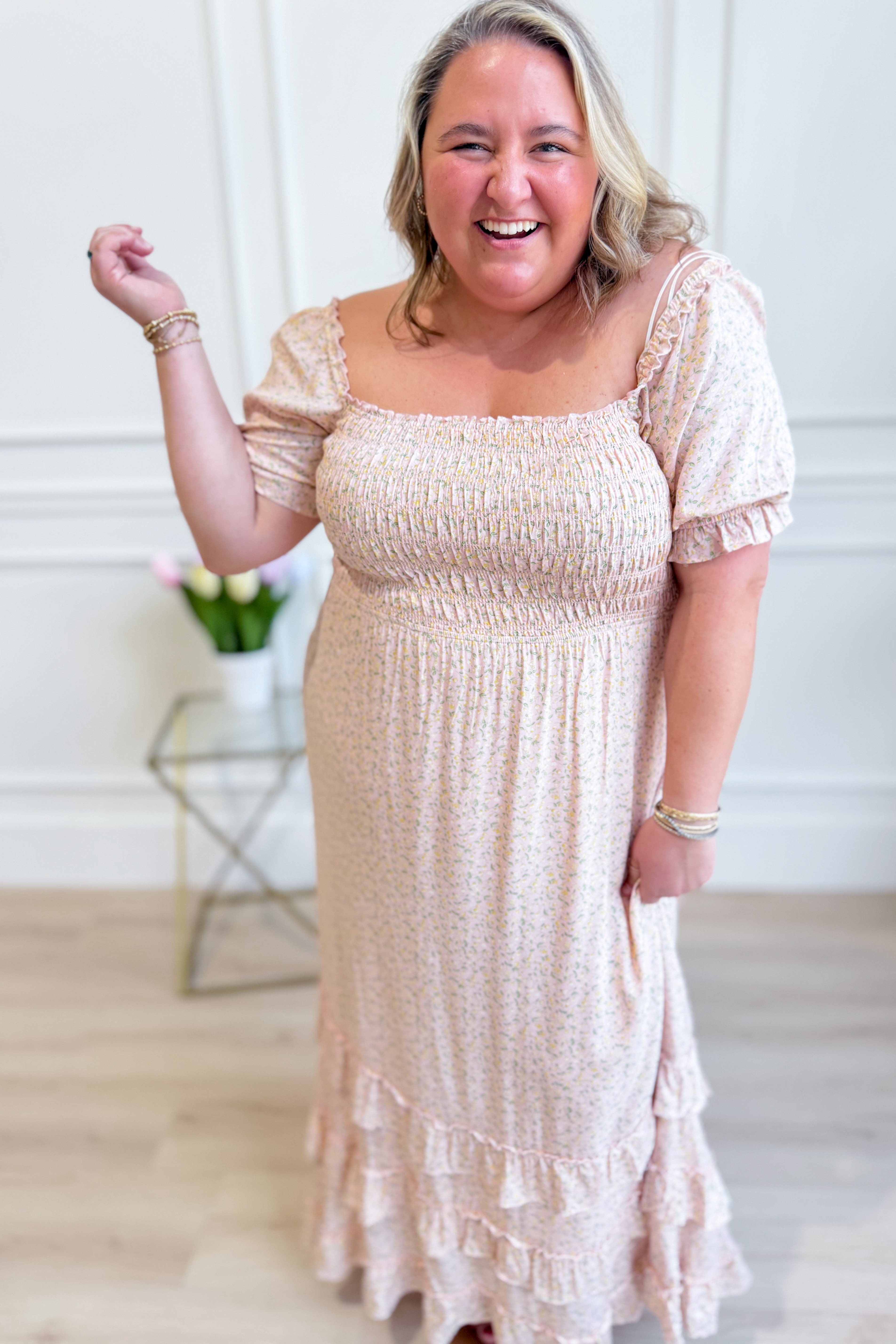 IN LOOM Luna smocked floral maxi dress with ruffled neckline and flowing skirt, perfect for dressy occasions.