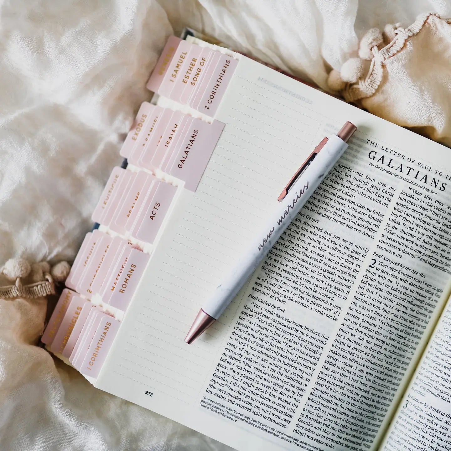 HOSANNA REVIVAL Blush Bible Tabs, 218 decorative paper tabs for Bible marking and organization.