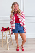 Robin plaid button-down frayed top from BUCKET LIST, casual 105 tops, featuring a stylish plaid pattern and frayed hem detail.