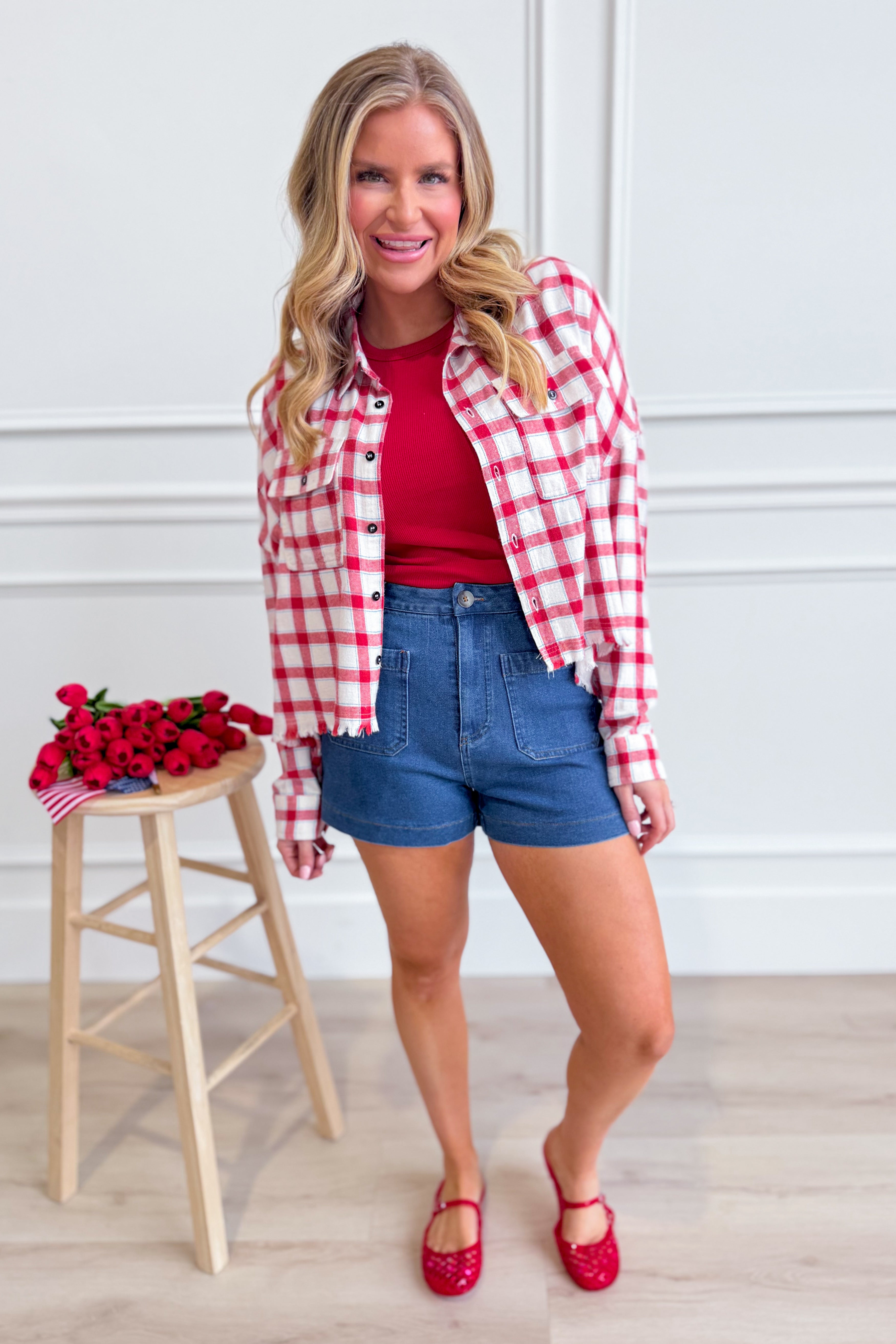 Robin plaid button-down frayed top from BUCKET LIST, casual 105 tops, featuring a stylish plaid pattern and frayed hem detail.